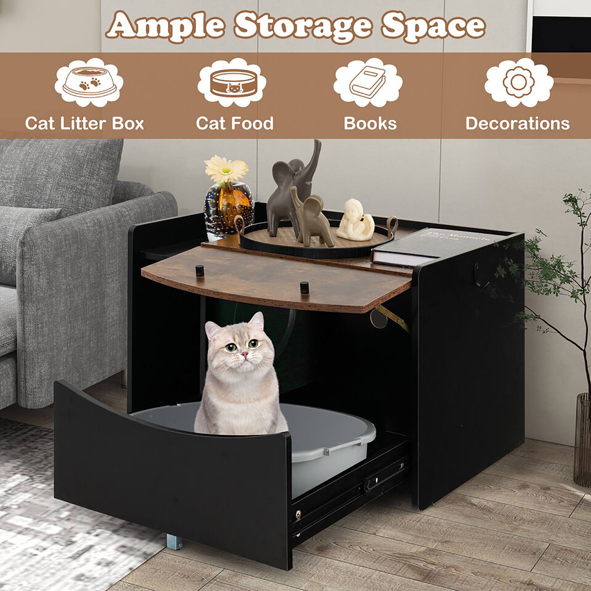 Ample Storage Space

- Cat Litter Box
- Cat Food
- Books
- Decorations