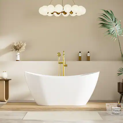 Front. WELLFOR - Vela 60 in. x 29 in. Acrylic Oval Freestanding Soaking Bathtub with Center Drain and Overflow - White.