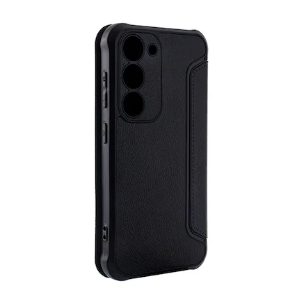 Front. Reiko - Magnetic Wallet Leather Phone Case For Samsung Galaxy S23 Ultra In Black - Black.