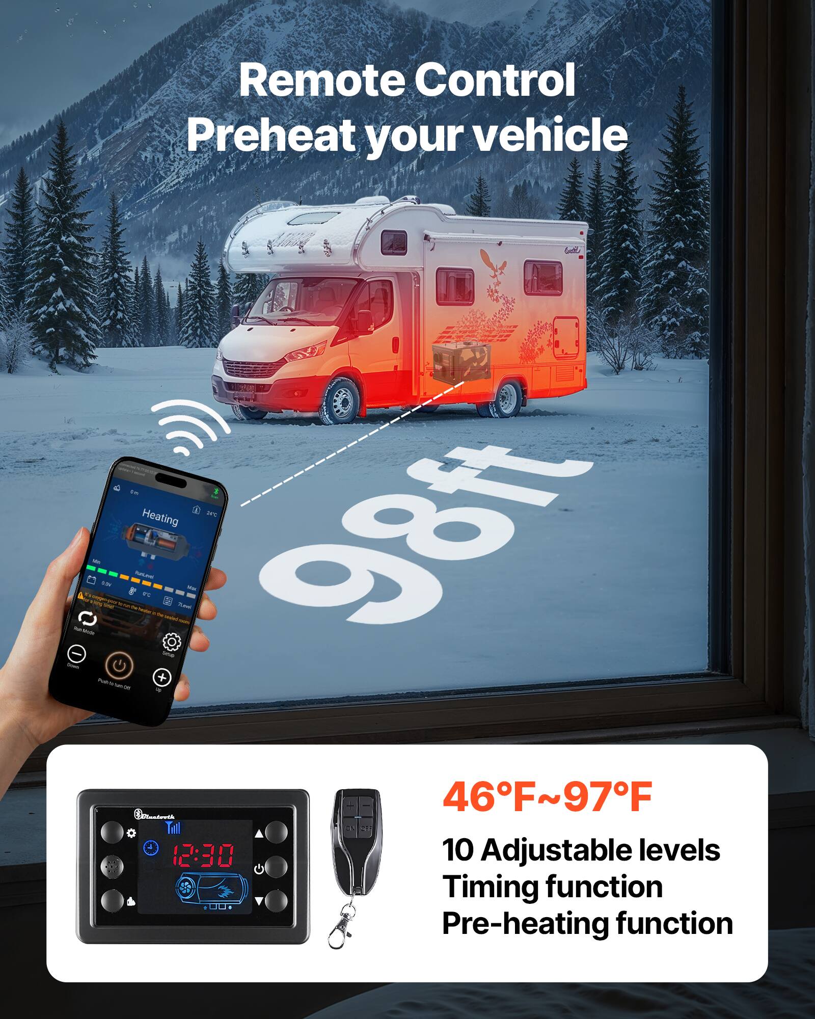 Remote Control Preheat your vehicle

46°F~97°F
10 Adjustable levels
Timing function
Pre-heating function