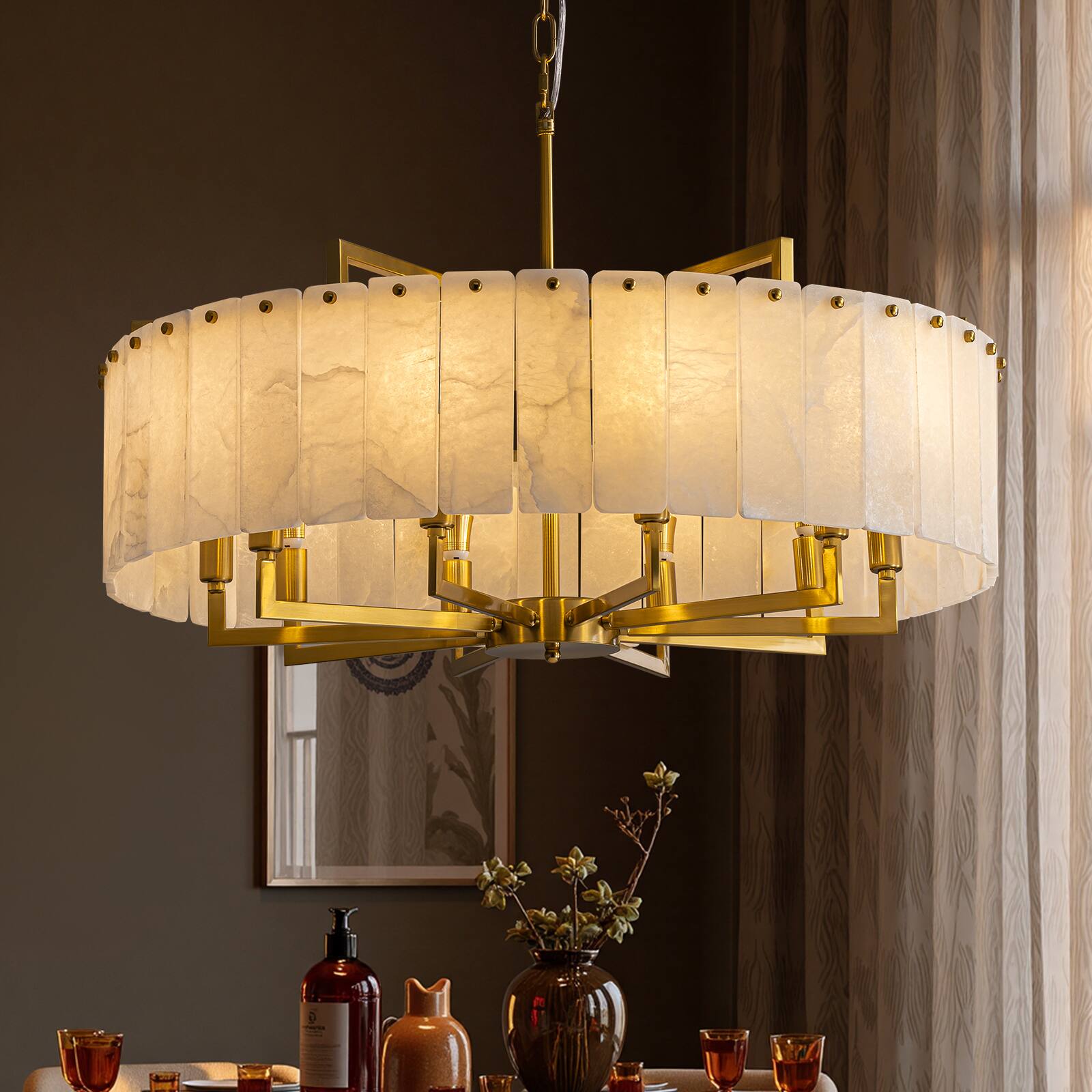 Angle. Siljoy - 31.5-In Mid Century Alabaster Drum Chandelier, 10-Light Polished Brass Ceiling Light for Dining Room Living Room Bedroom - Gold Brass.