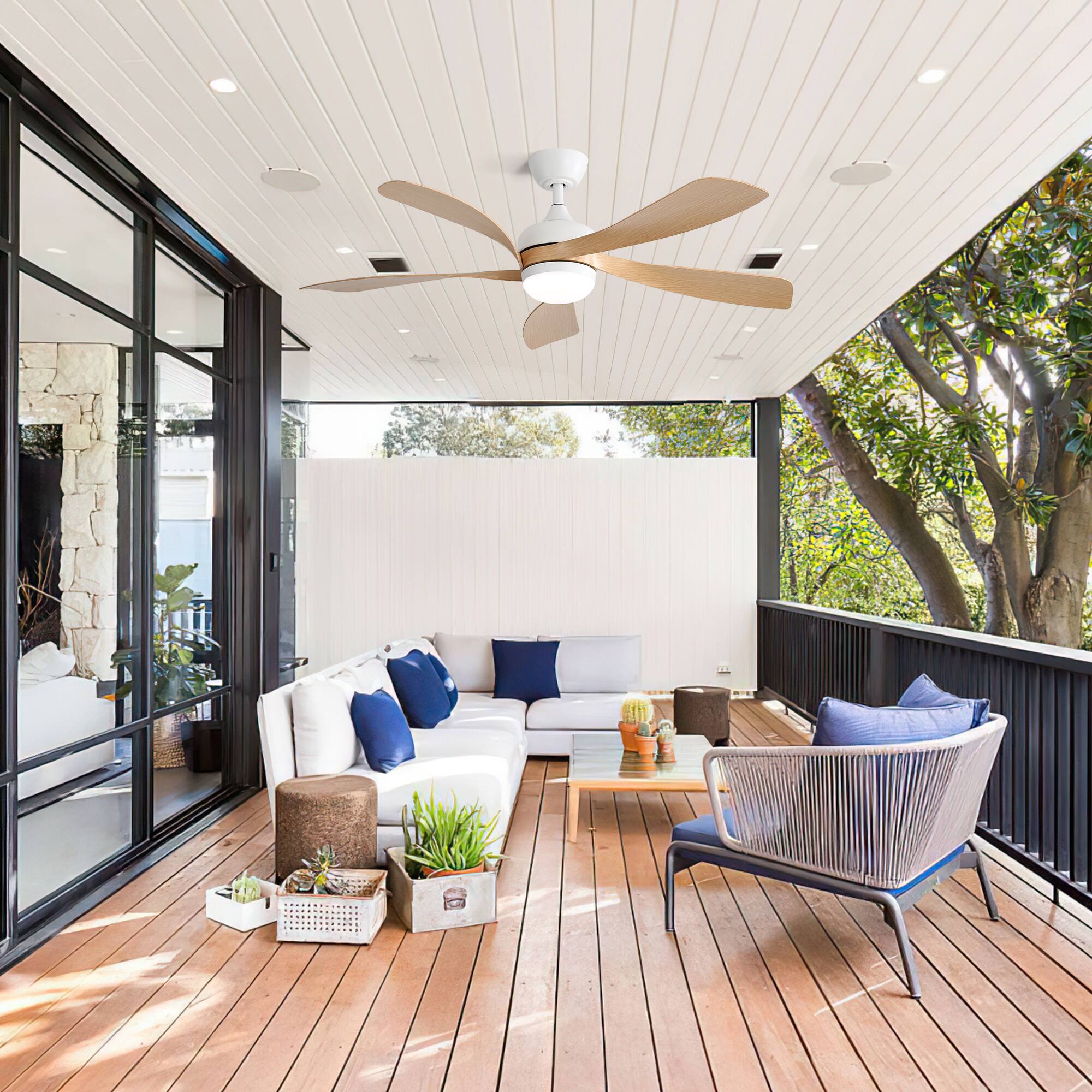 Alt View 4. Bestier - 52inch Modern Led Ceiling Fan With 3 Color Dimmable & 5 Blades, Reversible Ceiling Fan - Natural Wood.