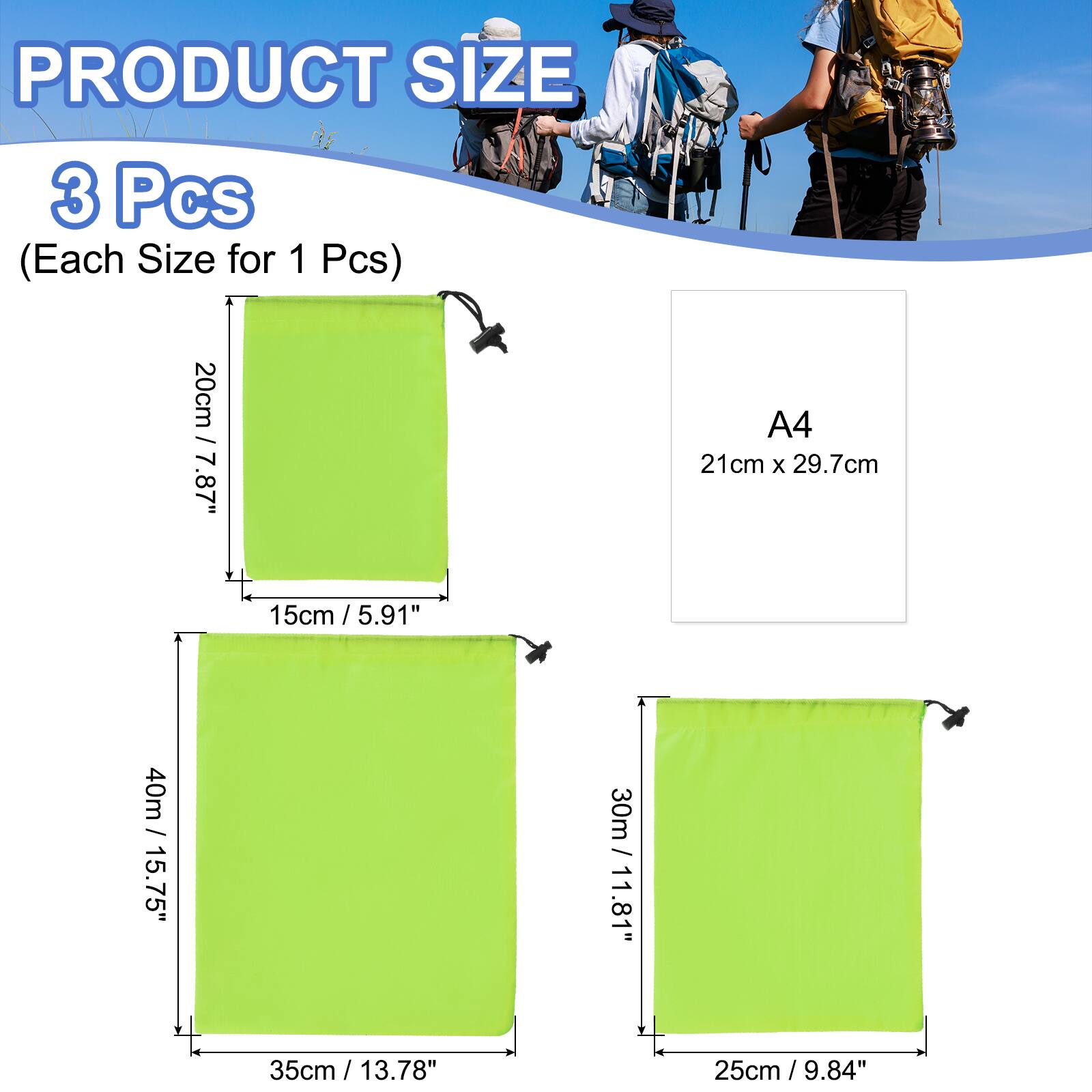 PRODUCT SIZE

3 Pcs (Each Size for 1 Pcs)

- 20cm / 7.87" x 15cm / 5.91" (40m / 15.75")
- A4 (21cm x 29.7cm)
- 30m / 11.81" x 25cm / 9.84"