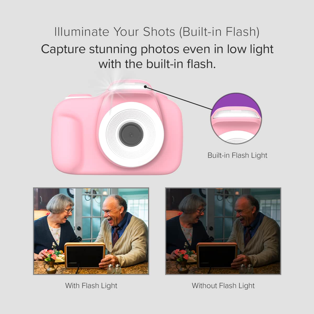 Illuminate Your Shots (Built-in Flash) Capture stunning photos even in low light with the built-in flash. Built-in Flash Light Without Flash Light