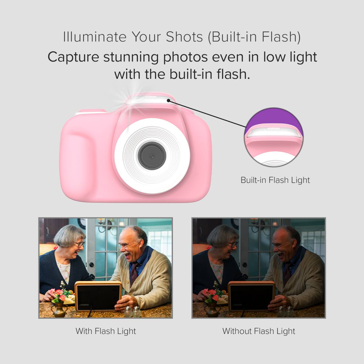 Illuminate Your Shots (Built-in Flash) Capture stunning photos even in low light with the built-in flash. Built-in Flash Light Without Flash Light