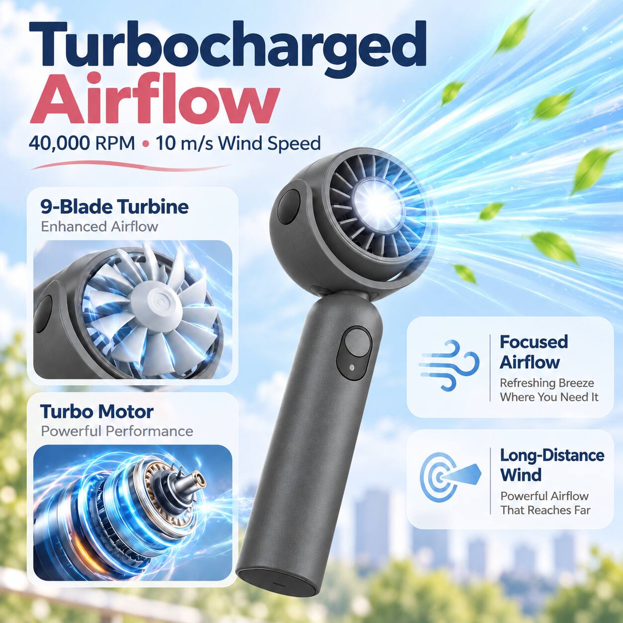 Turbocharged Airflow  
40,000 RPM • 10 m/s Wind Speed  

9-Blade Turbine  
Enhanced Airflow  

Turbo Motor  
Powerful Performance  

Focused Airflow  
Refreshing Breeze Where You Need It  

Long-Distance Wind  
Powerful Airflow That Reaches Far