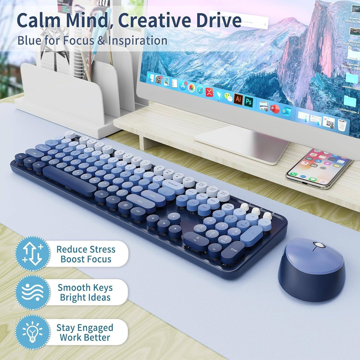 Calm Mind, Creative Drive  
Blue for Focus & Inspiration  

Reduce Stress  
Boost Focus  

Smooth Keys  
Bright Ideas  

Stay Engaged  
Work Better