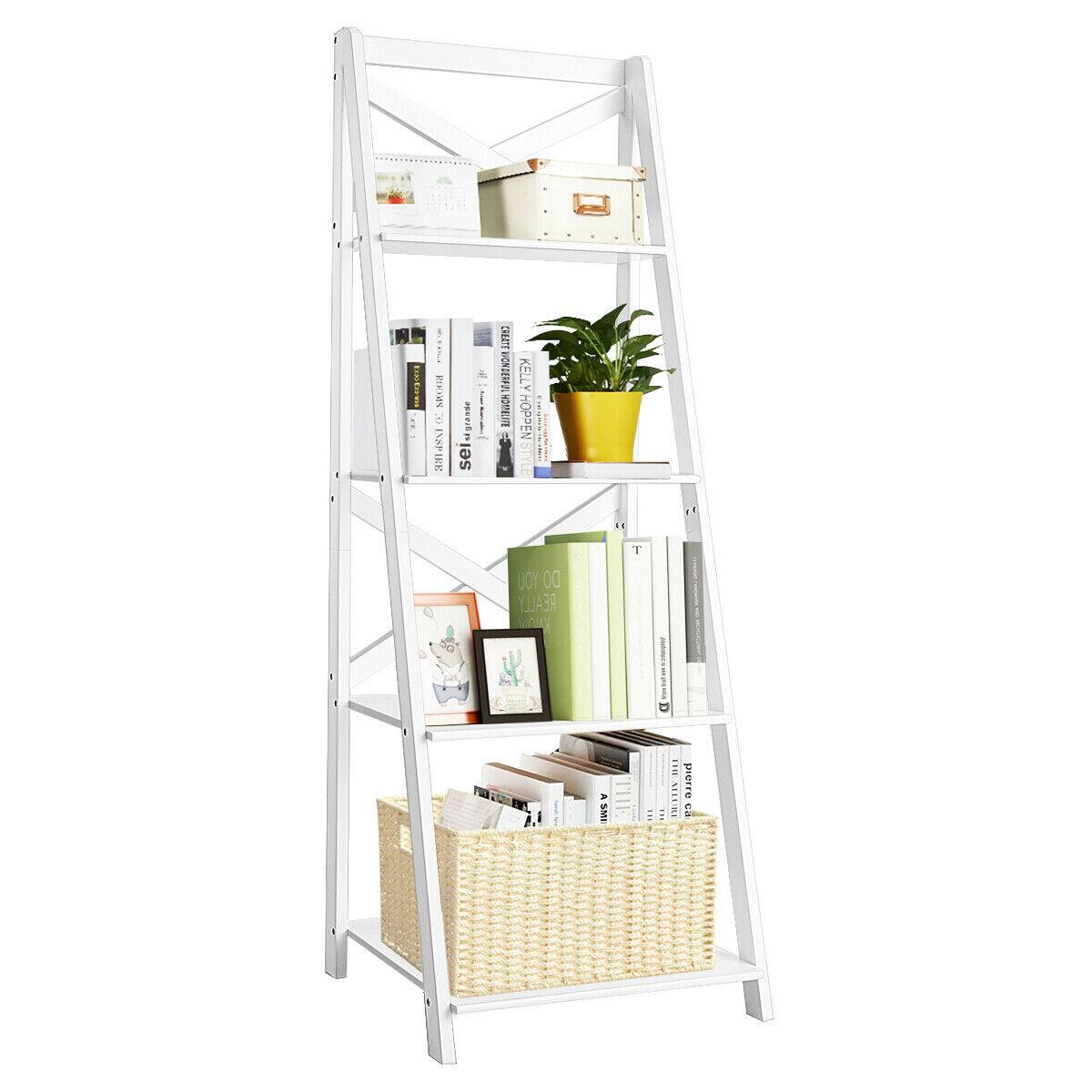Ecooso - 4-Tier Leaning Freestanding Ladder Bookcase & Display Shelf - White