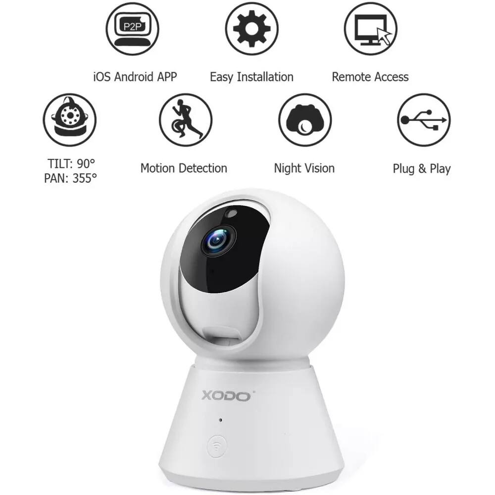 - P2P
- iOS Android APP
- Easy Installation
- Remote Access
- TILT: 90°
- PAN: 355°
- Motion Detection
- Night Vision
- Plug & Play
- XODO
