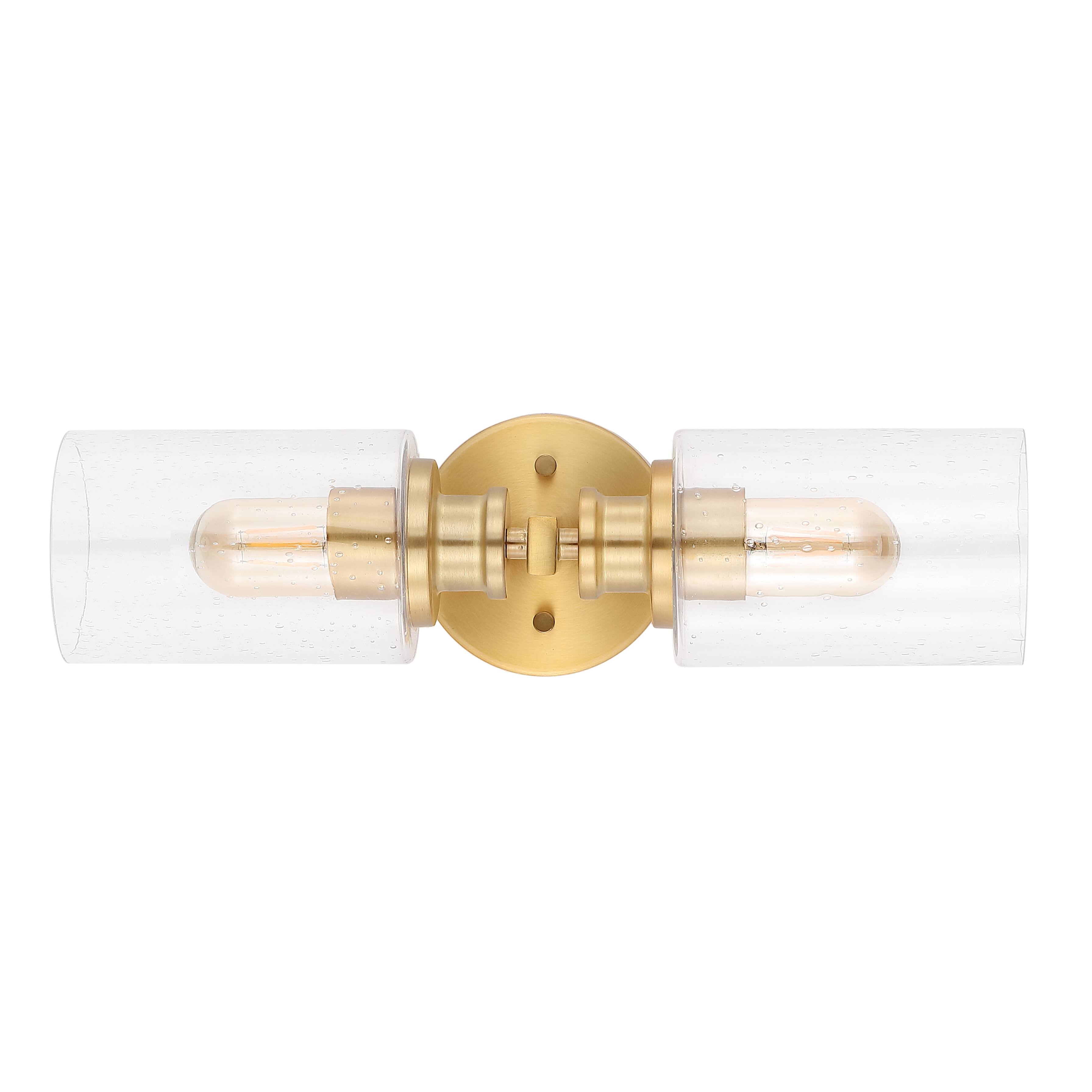 Alt View 5. Jonathan Y - Jules Edison 16.5" Cylinder 2-Light Iron/Seeded Glass Farmhouse Contemporary LED Wall Sconce, Brass Gold - Brass Gold.