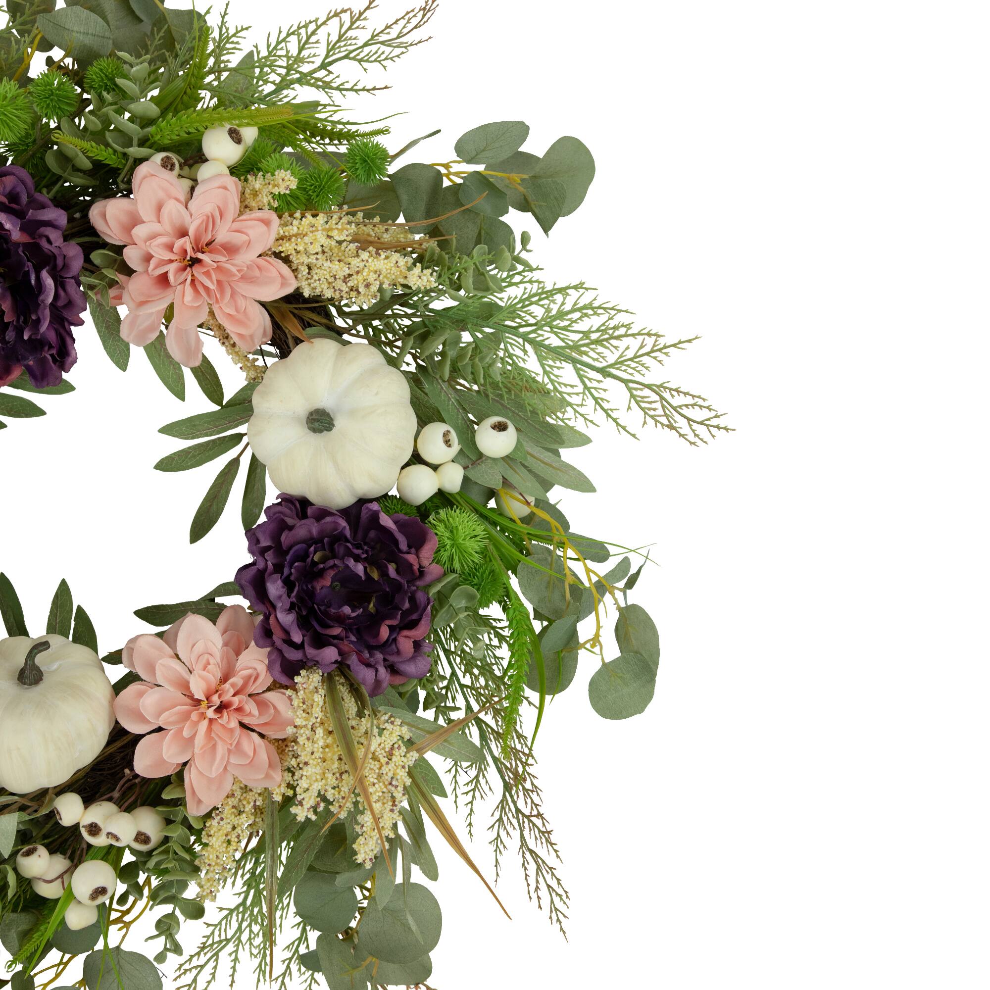 Alt View 2. Northlight - Peony, Dahlia and Pumpkins Artificial Floral Fall Harvest Wreath - 24" - Green.