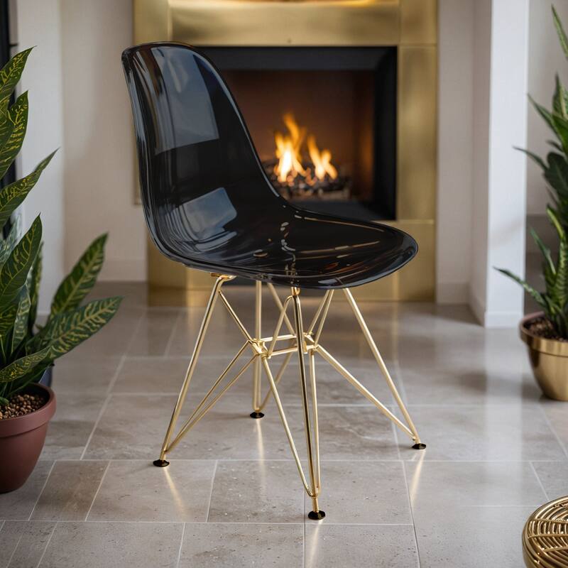 Angle. LeisureMod - Cresco Modern Acrylic Dining Chair with Ergonomic Seat and Gold Steel Base - Transparent Black.