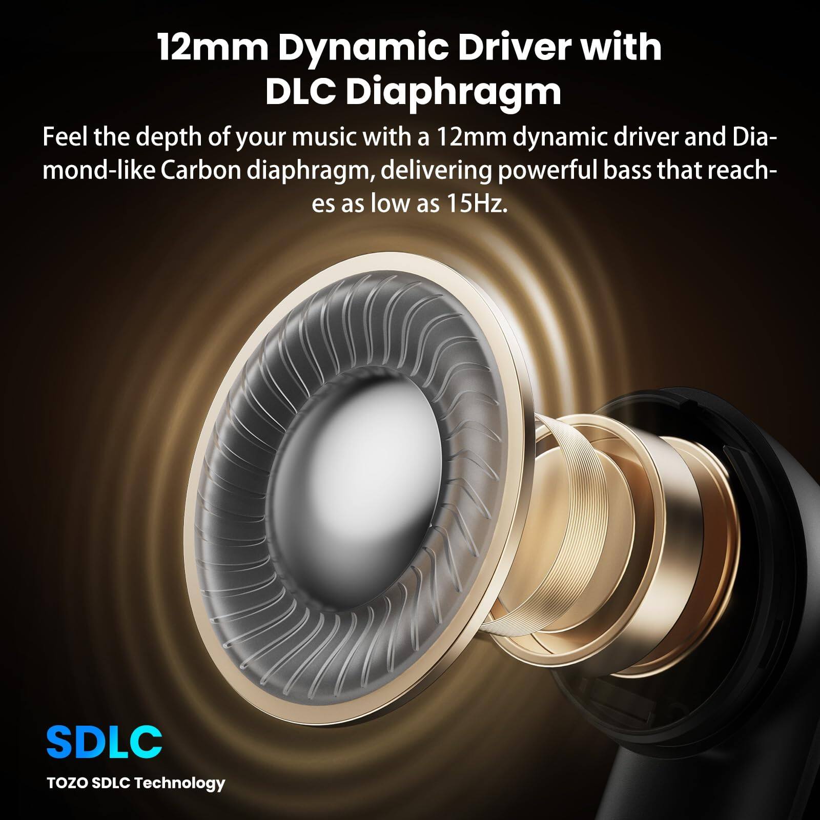 12mm Dynamic Driver with DLC Diaphragm

Feel the depth of your music with a 12mm dynamic driver and Diamond-like Carbon diaphragm, delivering powerful bass that reaches as low as 15Hz.

SDLC
TOZO SDLC Technology