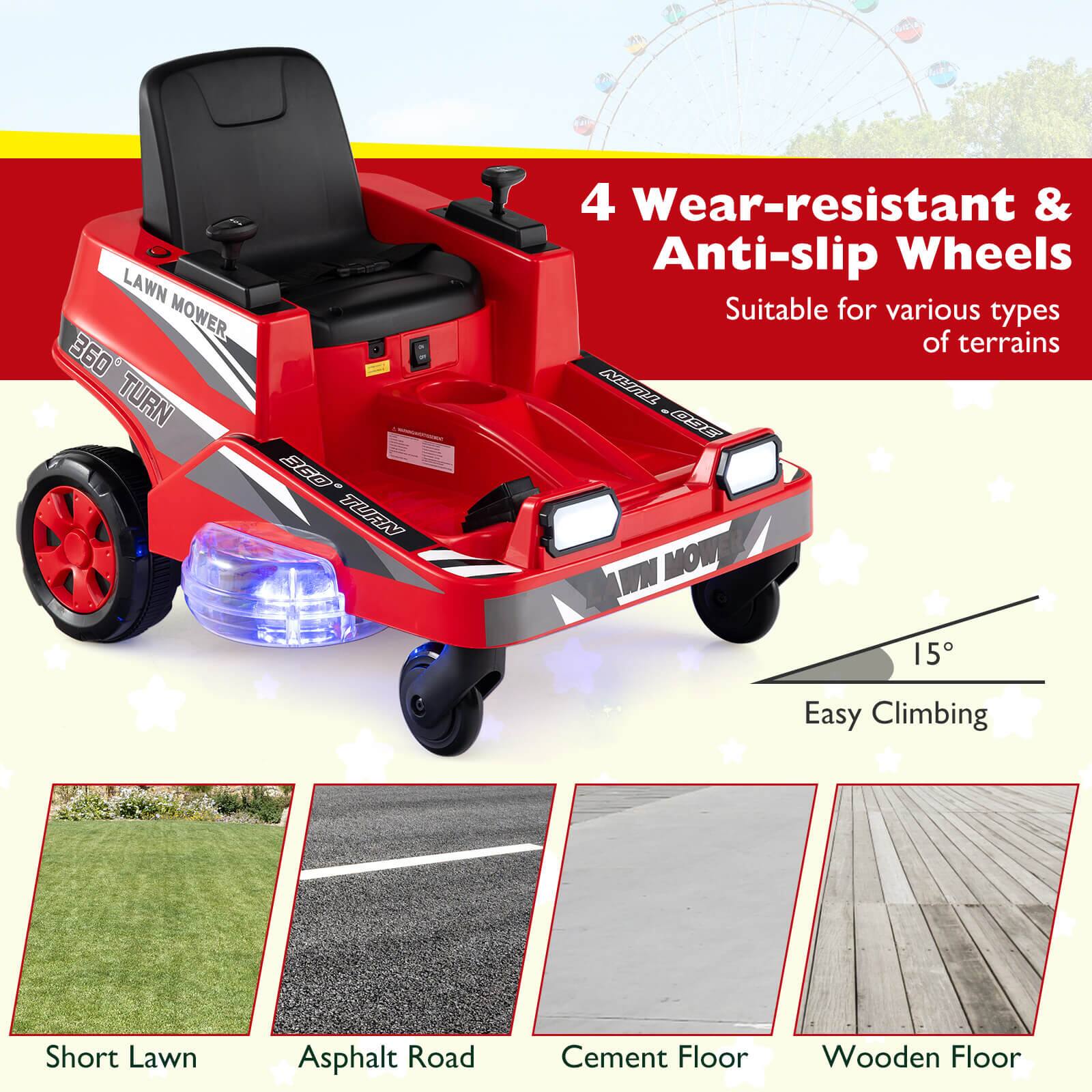 LAWN MOWER  
360° TURN  
360° TURN  

4 Wear-resistant & Anti-slip Wheels  
Suitable for various types of terrains  

Easy Climbing  
15°  

Short Lawn  
Asphalt Road  
Cement Floor  
Wooden Floor