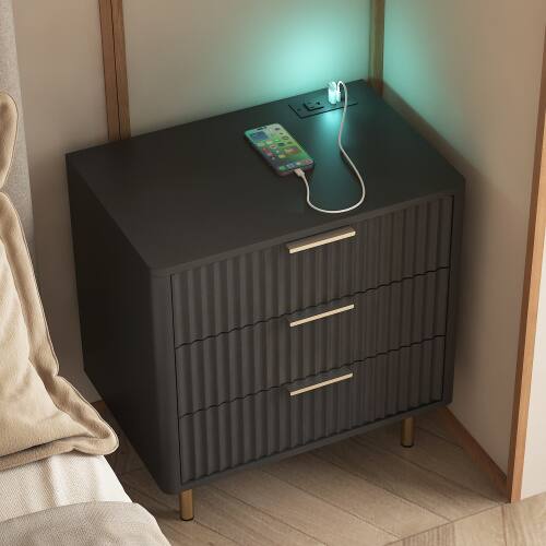Angle. LUCKY ONE - Assembled Nightstand with Charging Station Voice Light USB Storage Cabinet - Black.
