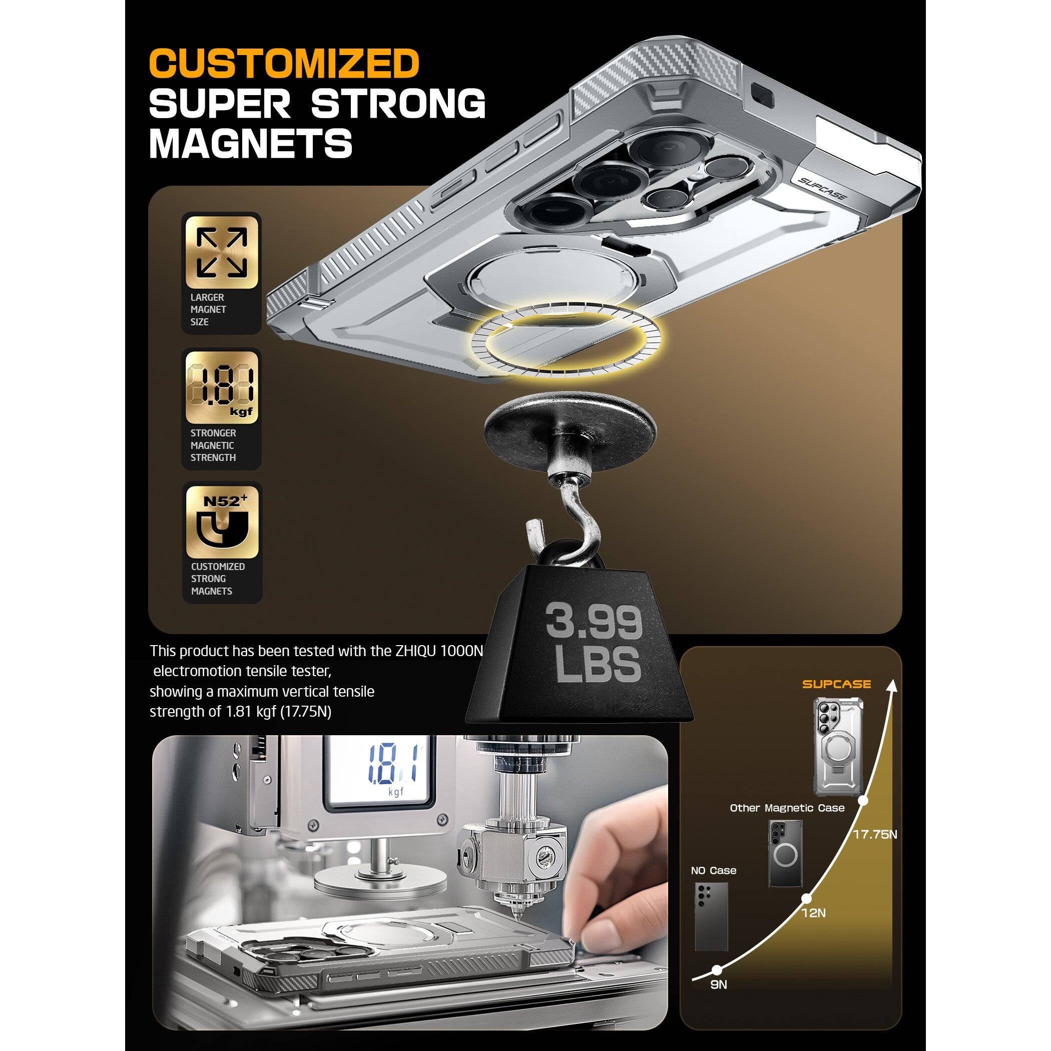 **CUSTOMIZED SUPER STRONG MAGNETS**

- **LARGER MAGNET SIZE**
- **1.81 kgf**
- **STRONGER MAGNET STRENGTH**
- **N52**
- **CUSTOMIZED STRONG MAGNETS**

This product has been tested with the ZHIQU 1000N electromotion tensile tester, showing a maximum vertical tensile strength of 1.81 kgf (17.75N)

**3.99 LBS**

**SUPCASE**

- **Other Magnetic Case**
  - 17.75N
- **NO Case**
  - 12N
- **9N**