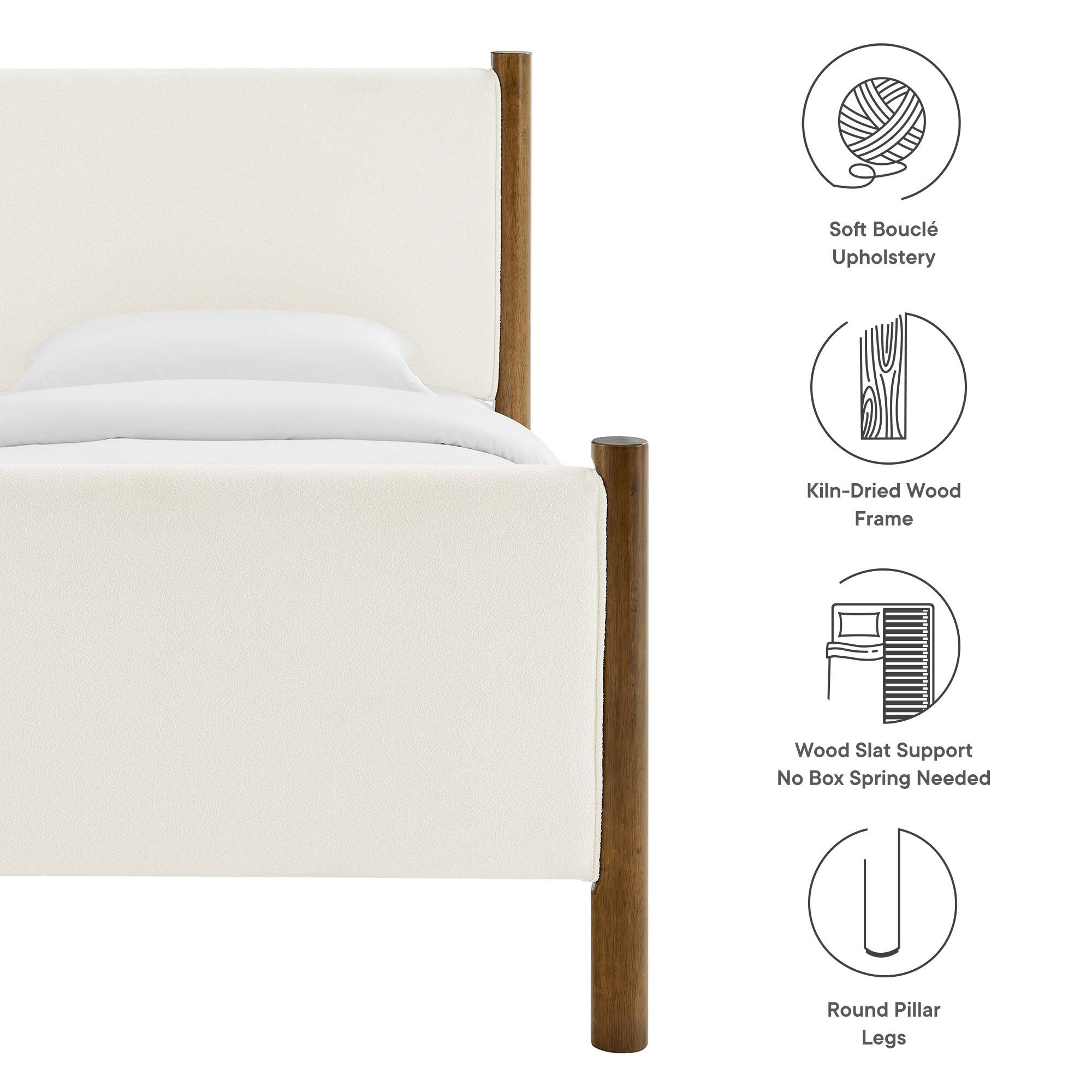 - Soft Bouclé Upholstery
- Kiln-Dried Wood Frame
- Wood Slat Support
- No Box Spring Needed
- Round Pillar Legs