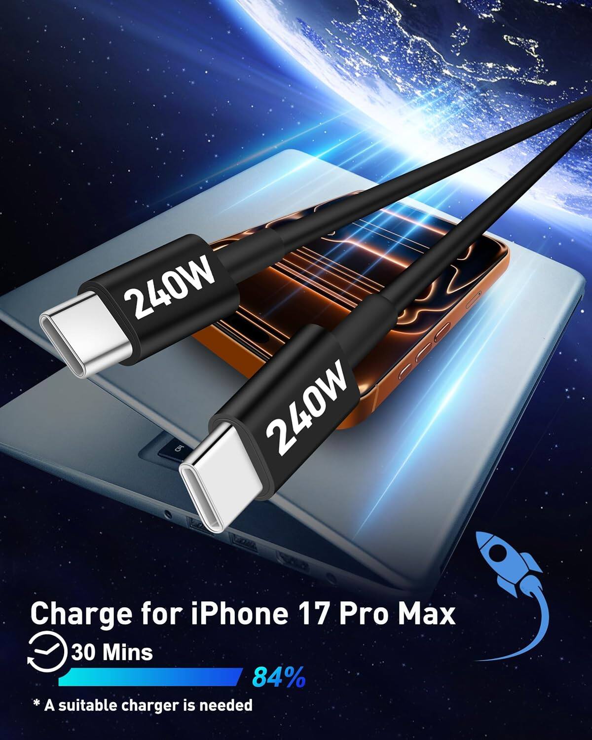 240W  
Charge for iPhone 17 Pro Max  
30 Mins  
84%  
A suitable charger is needed