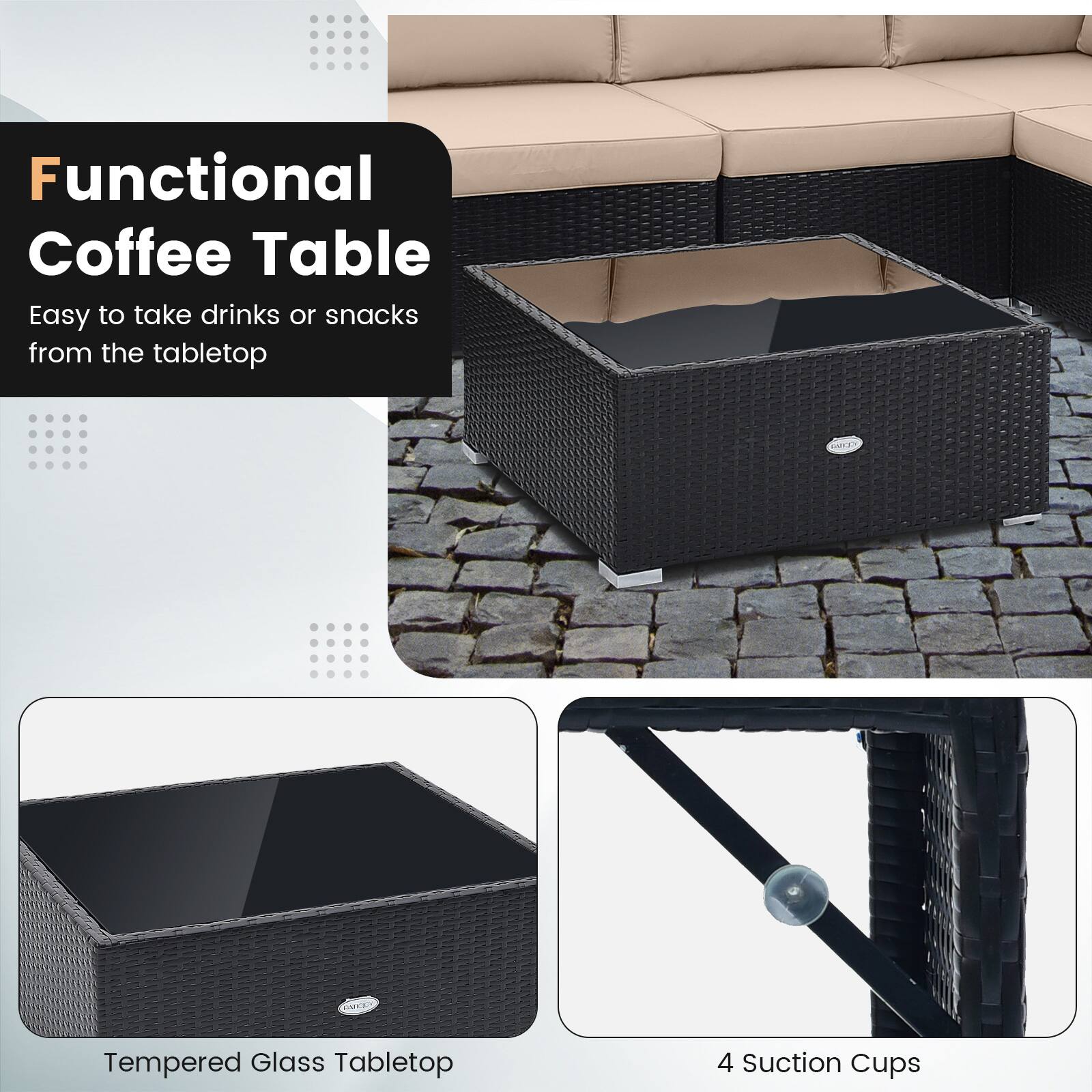 Functional Coffee Table

Easy to take drinks or snacks from the tabletop

Tempered Glass Tabletop

4 Suction Cups