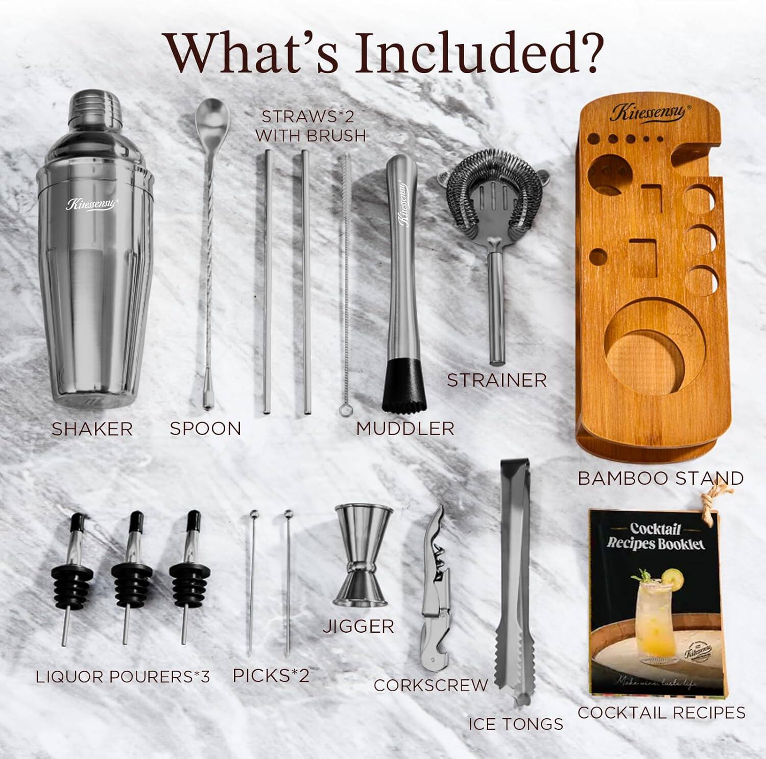 KITESSENSU - Cocktail Shaker Set Bartender Kit with Stand | Bar Set Drink Mixer Set with All Essential Bar Accessory Tools - Thumbnail 5