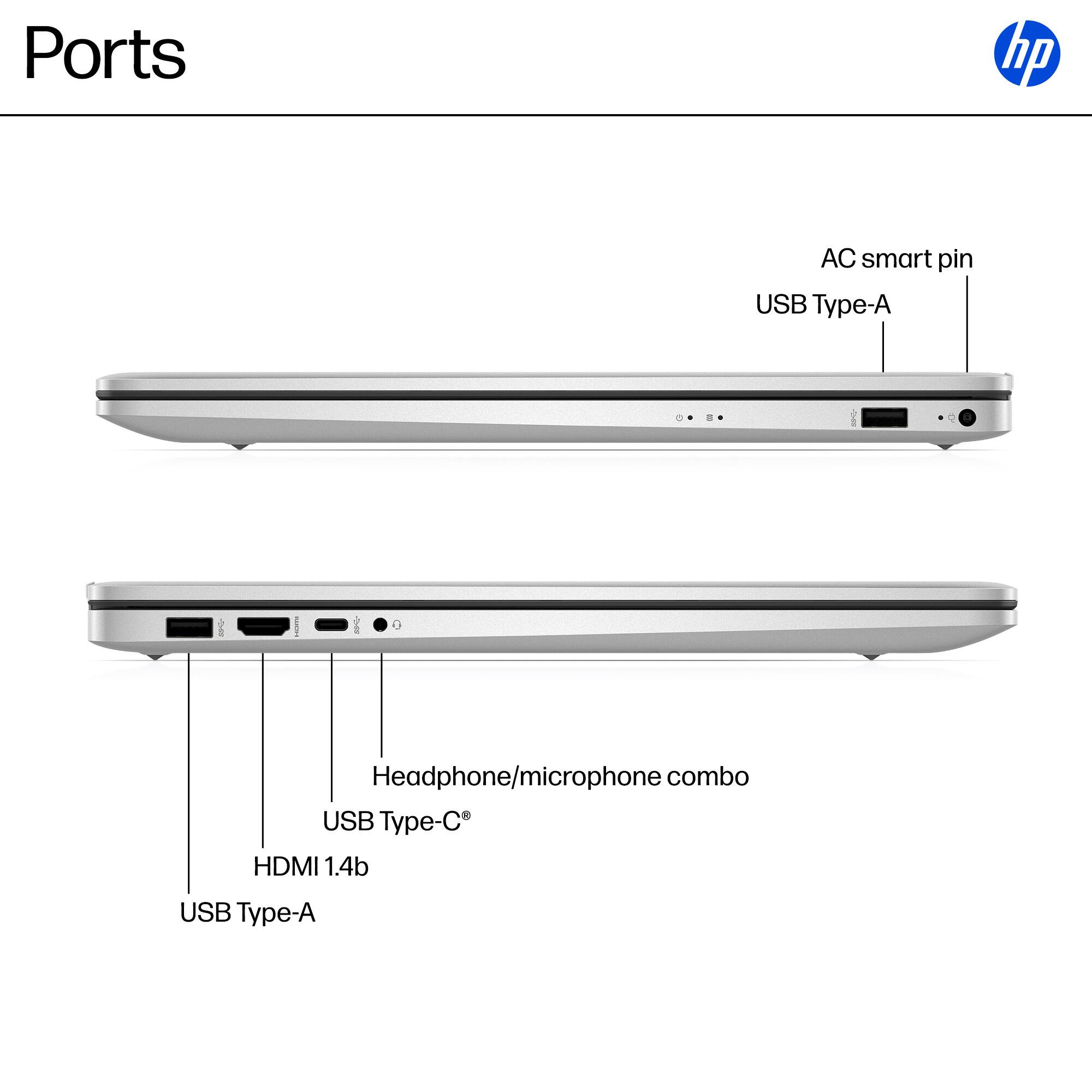 Ports: HP AC smart pin, USB Type-A, Headphone/microphone combo, USB Type-C, HDMI 1.4b, USB Type-A.