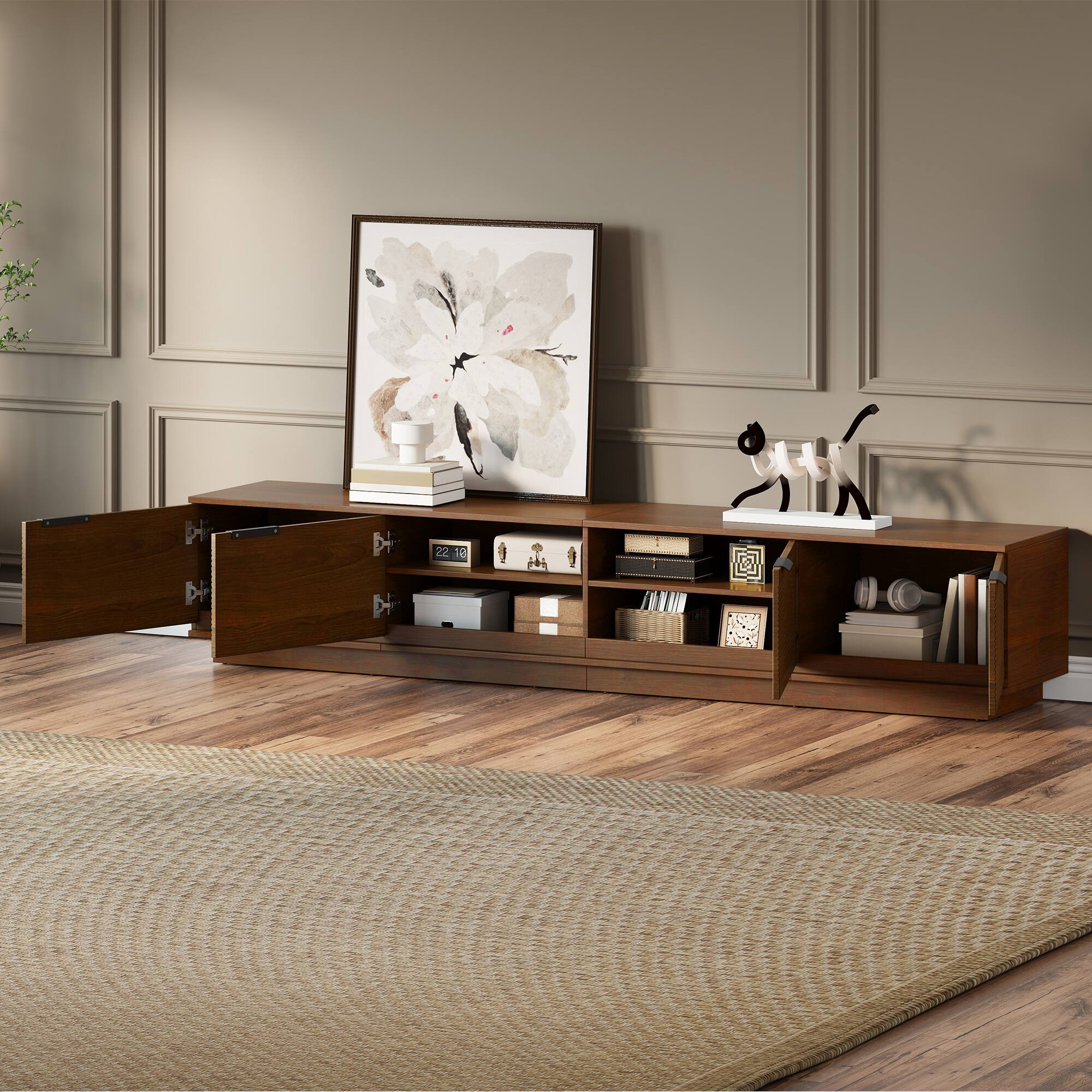Back. MERAVOM - Modern TV Stand for TVs up to 85", Entertainment Center with 4 Fluted Doors, Media TV Console for Living Room, Bedroom - Walnut.