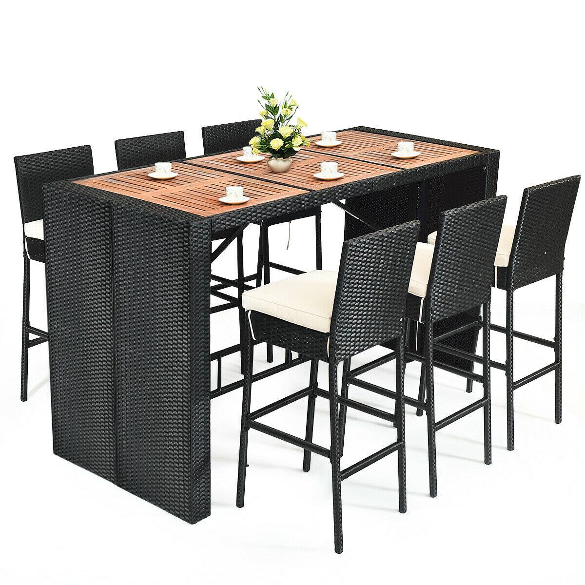 Alt View 1. Gymax - Gymax 7PCS Rattan Wicker Bar Set Patio Dining Furniture w/ Wood Table Top 6 Stools - Black.