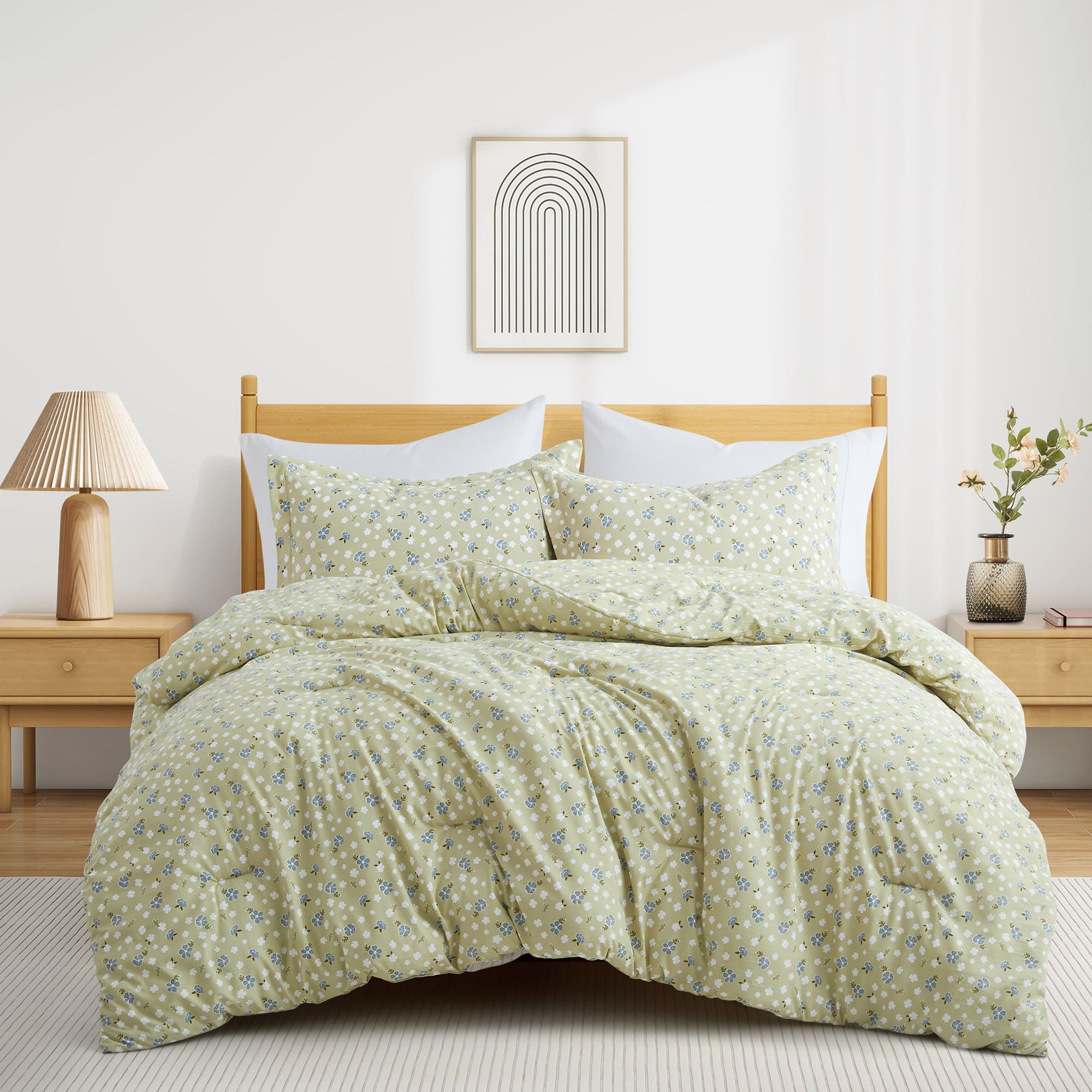 Peace Nest - Floral Printed Comforter Set with Pillowcases, Bedding Set for All Season - Green