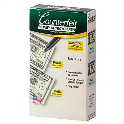 Counterfeit Money Detector Pen
The Original SMART MONEY
Trust the Original
Accrpt N PASS
Easy to Use
Recommended by Experts
Special Formula
Detects Bad Bills
Easy to Use
PASS
Light Mark
FAIL
Dark Mark
Lot 778819
CH 1989790