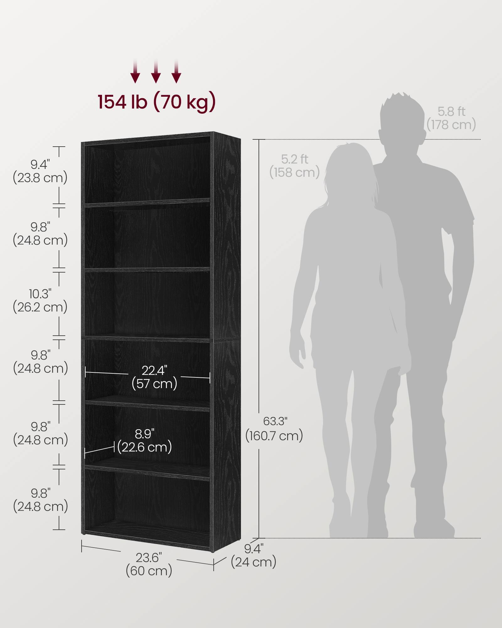 - Height: 63.3" (160.7 cm)
- Width: 23.6" (60 cm)
- Depth: 9.4" (24 cm)
- Shelf Spacing:
  - 9.4" (23.8 cm)
  - 9.8" (24.8 cm)
  - 10.3" (26.2 cm)
  - 9.8" (24.8 cm)
  - 9.8" (24.8 cm)
  - 9.8" (24.8 cm)
- Shelf Depth: 22.4" (57 cm)
- Shelf Width: 8.9" (22.6 cm)
- Weight Capacity: 154 lb (70 kg)
- Height of Person: 5.2 ft (158 cm)
- Height of Person: 5.8 ft (178 cm)