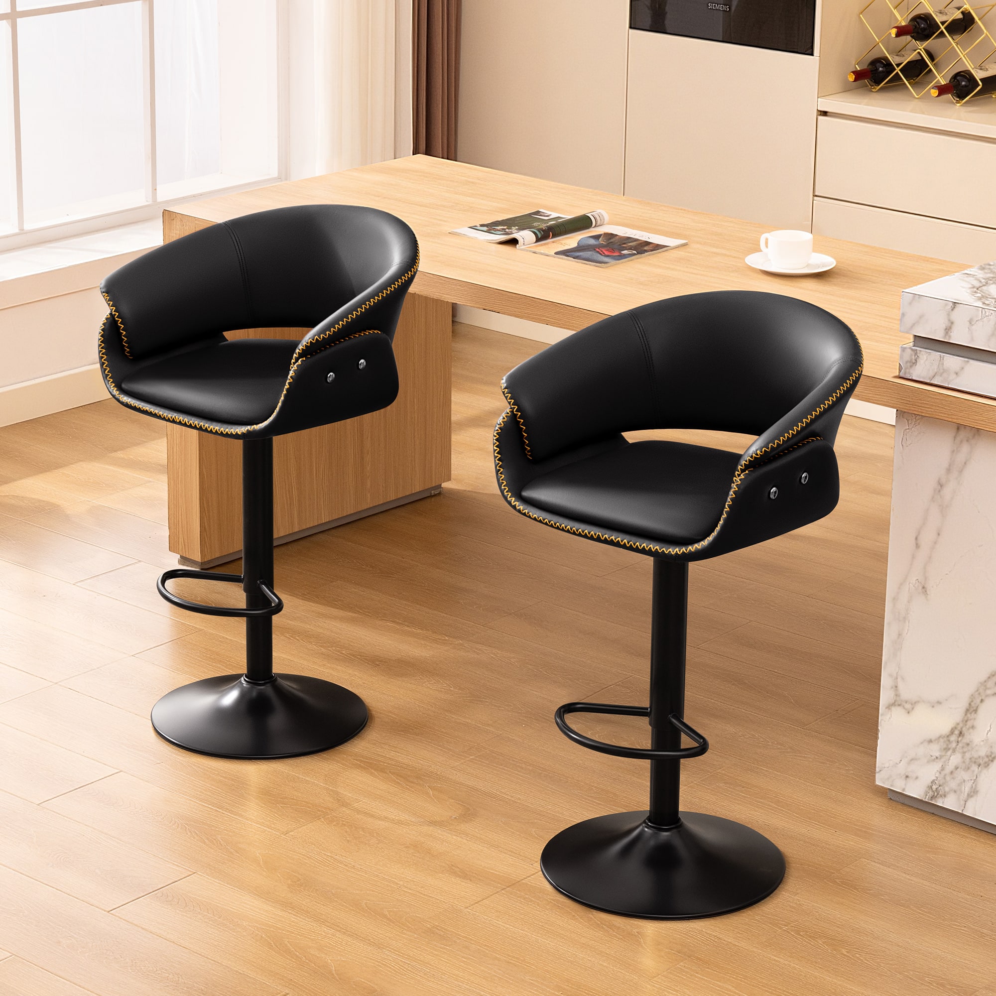 Front. KERDOM - Adjustable Height Bar Chair 1pc, High Dinning Chair PU Leather Swivel Barstool, Airlift Tall Counter Height for Kitchen - Black.