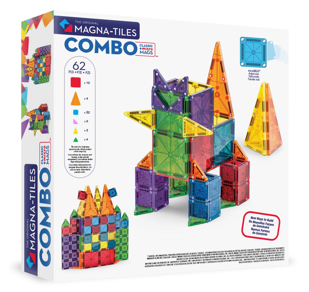 Sure, here is the corrected and grouped text from the image:

---

**THE ORIGINAL MAGNA-TILES**

**COMBO**

**CLASSIC + micro MAGS**

**62 PCS + PCE + PZS**

- Red: x 12
- Orange: x 4
- Blue: x 32
- Purple: x 8
- Yellow: x 2
- Green: x 4

**micro MAGS**

**Tallerée**

**Tallere**

**Taller red**

**Tallere red**

**New Ways to Build**

**De Nouvelles Façons de Construire**

**Nuevas Formas de Construir**

**Nuevas Formas de Construir**

---

**THE ORIGINAL MAGNA-TILES**

**COMBO**

**CLASSIC + micro MAGS**

**62 PCS + PCE + PZS**

- Red: x 12
- Orange: x 4
- Blue: x 32
- Purple: x 8
- Yellow: x 2
- Green: x 4

**micro MAGS**

**Tallerée**

**Tallere**

**Taller red**

**Tallere red