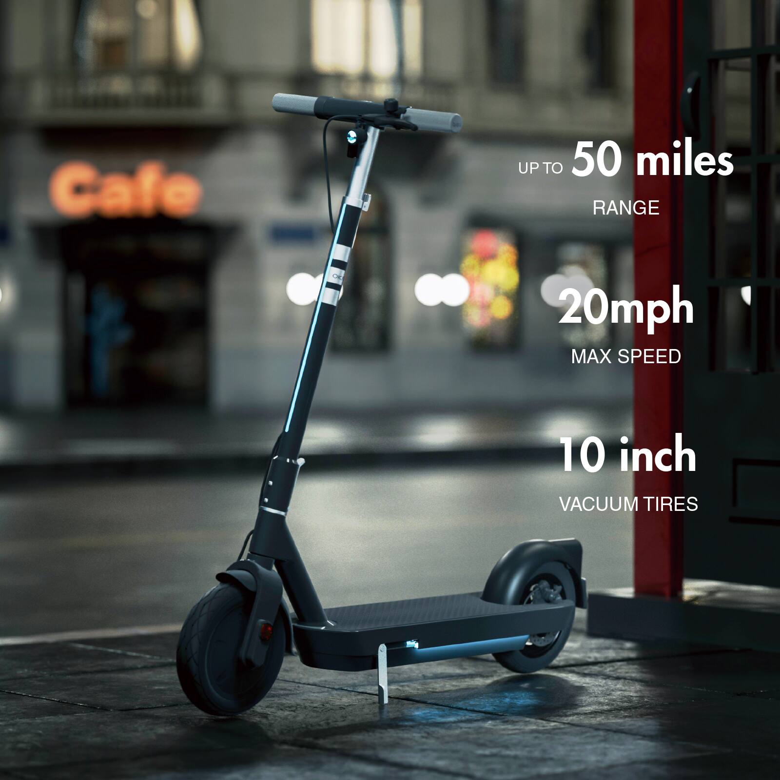 The text on the image reads: "Up to 50 miles range, 20mph max speed, 10 inch vacuum tires."