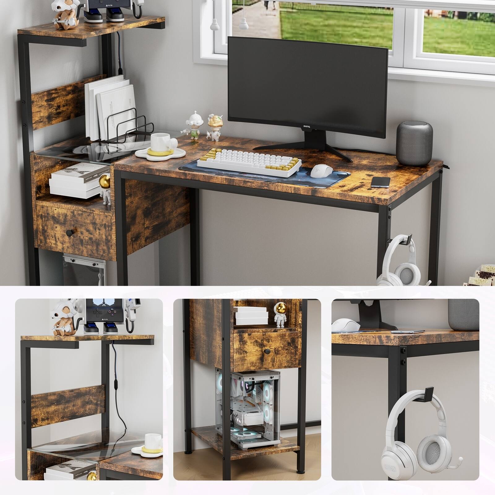 Alt View 5. Spaco - Spaco Computer Desk with USB Charging Station, Power Outlet Storage Shelf, for Home Office - Brown.