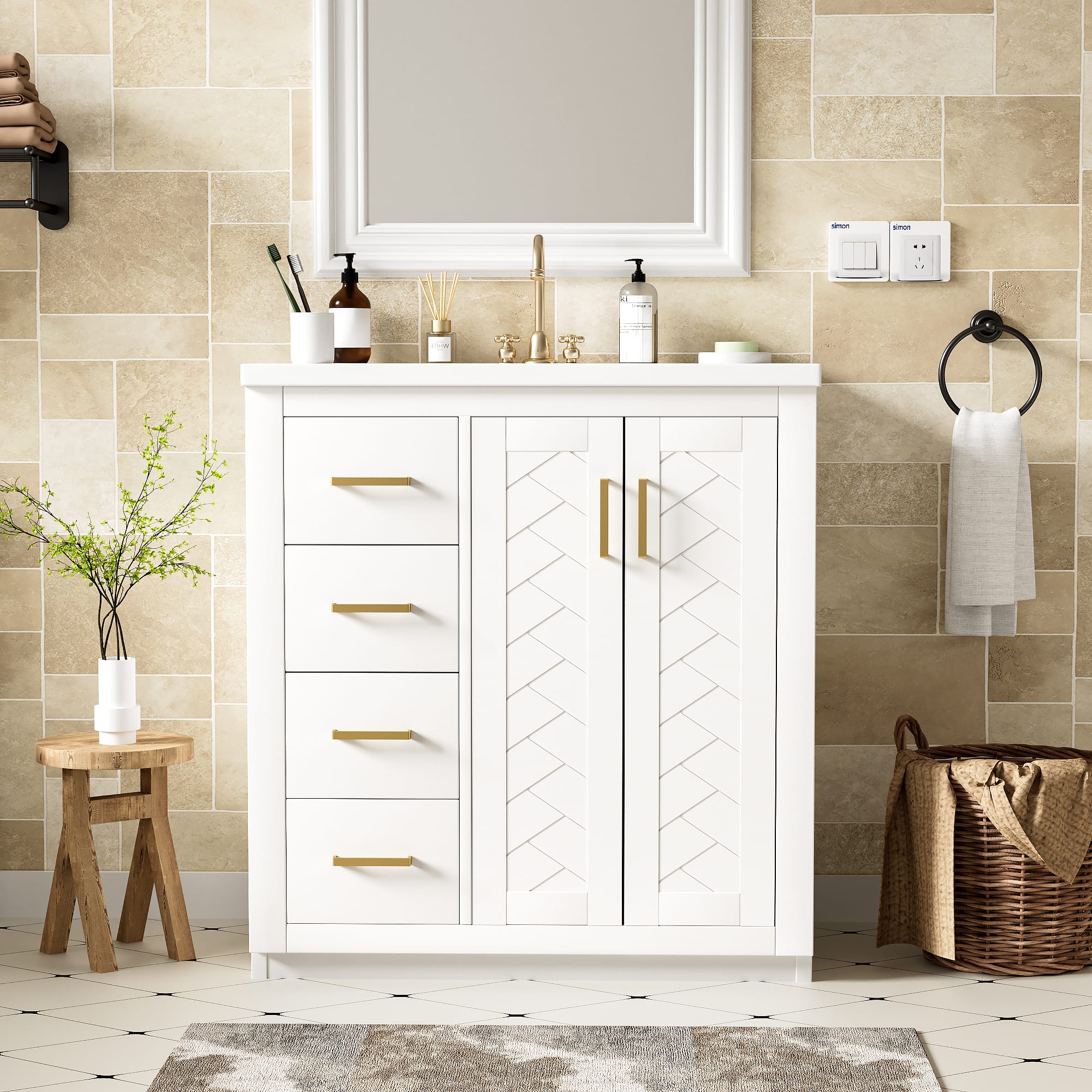 Tiramisubest - 30" Bathroom Vanity with Ceramic Sink Combo,Bathroom Storage Cabinet, Freestanding Vanity Set with 3 Drawers - White