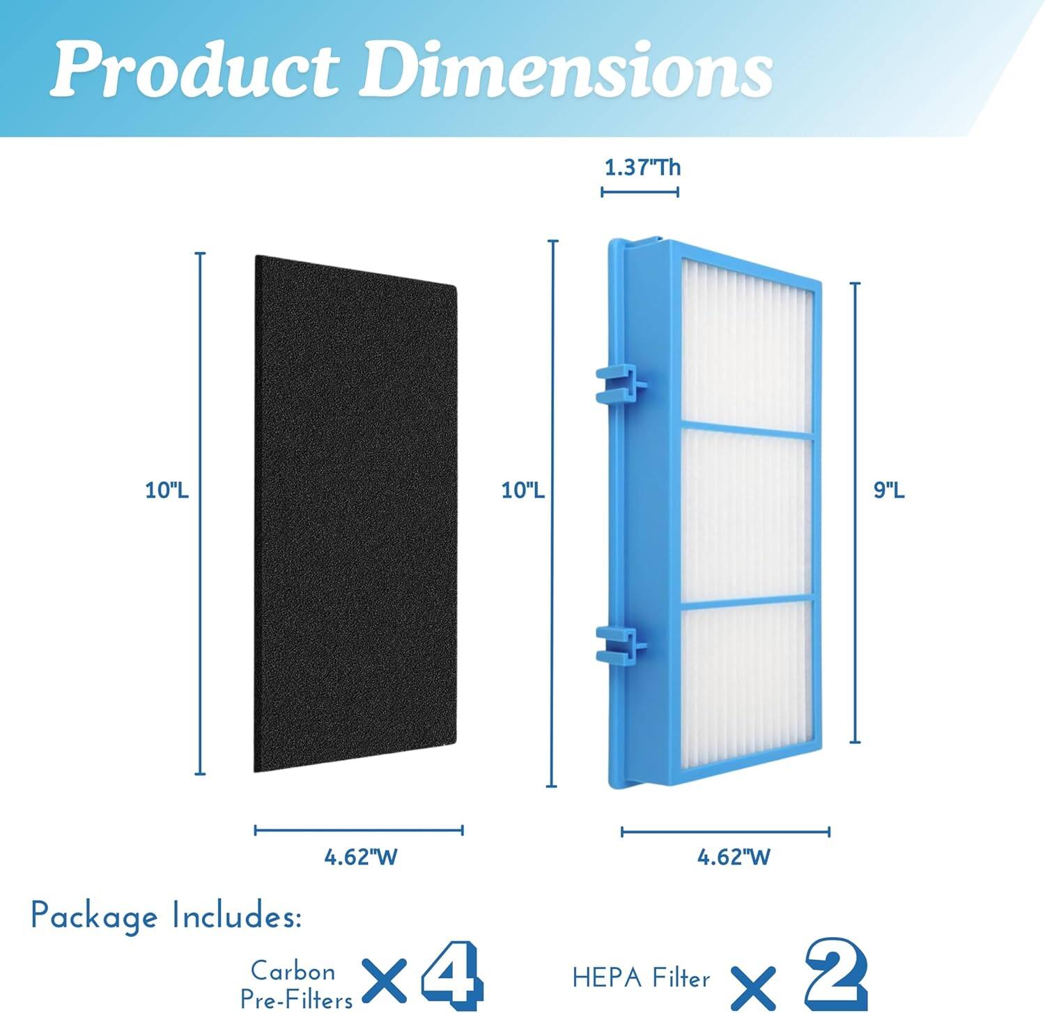 Product Dimensions: 1.37"Th, 10"L, 9"L, 4.62"W

Package Includes: Carbon Pre-Filters X 4, HEPA Filter X 2