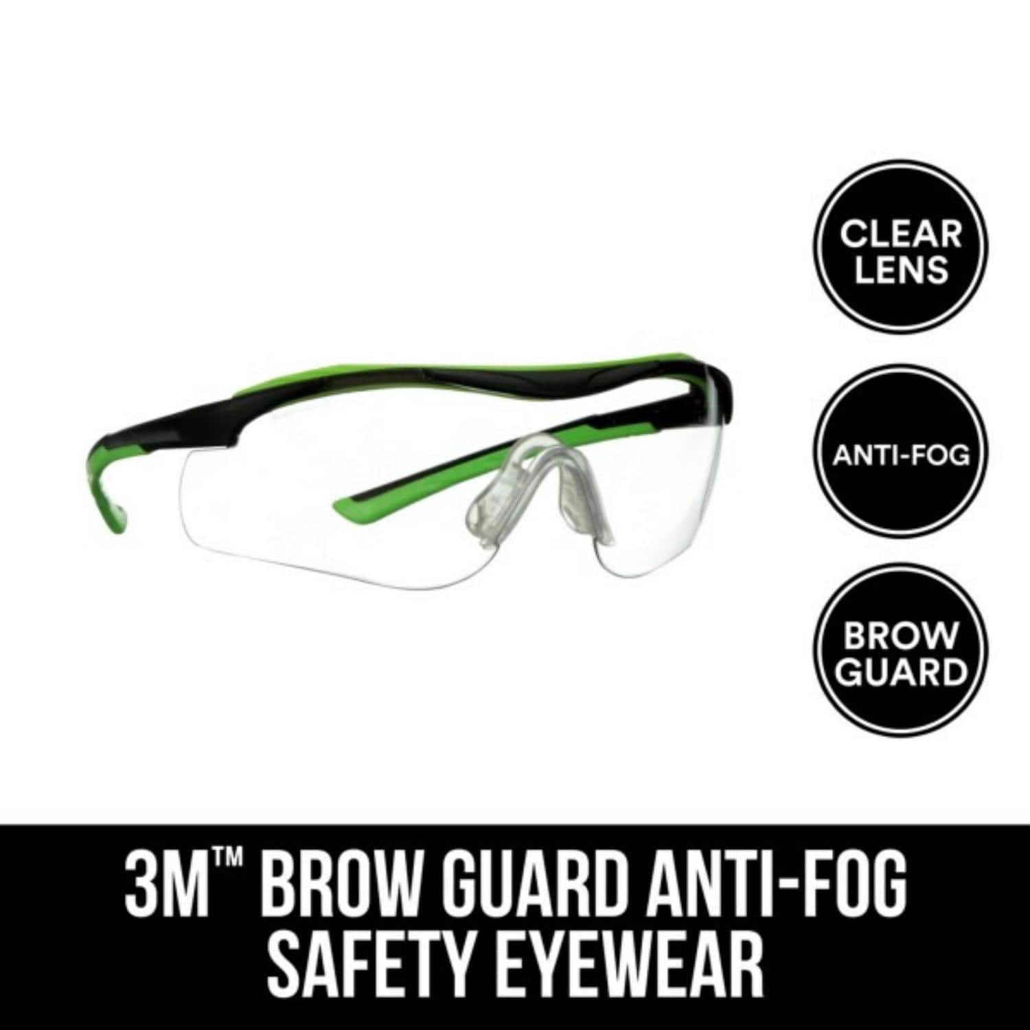 3M - Anti-Fog Safety Glasses Clear Lens Black/Green Frame 1 pc - Black | Green