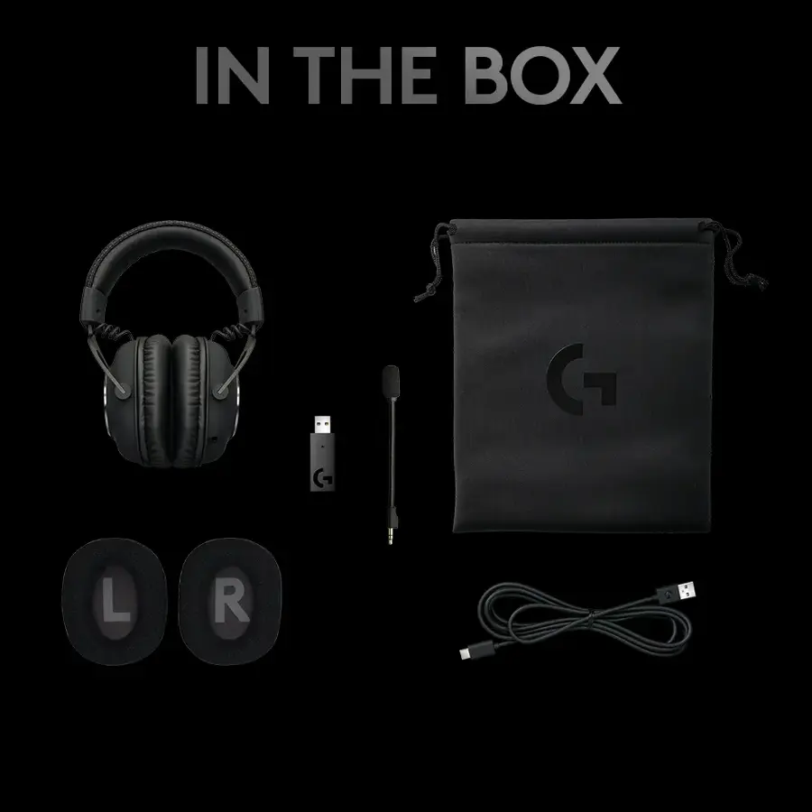 In the box, there is a G headset, a L headset, and a R headset.