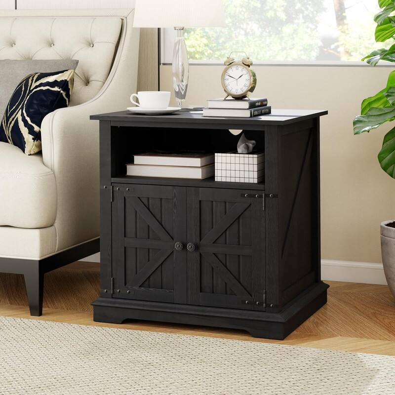 Alt View 1. Vipbear - Vipbear 24" Rustic Nightstand with Chargers Dark Gray Living Room Rustic Nightstand Wooden Nightstand - Grey.