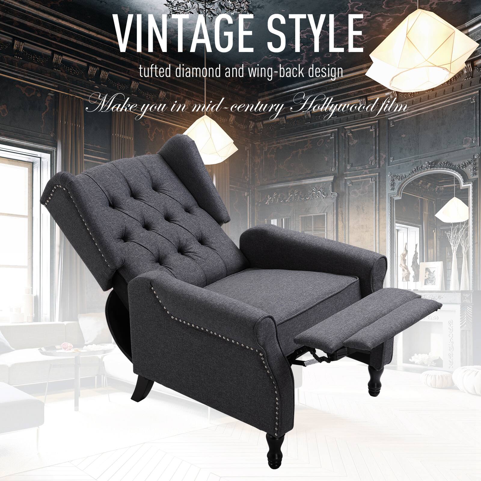 VINTAGE STYLE  
tufted diamond and wing-back design  
Make you in mid-century Hollywood film