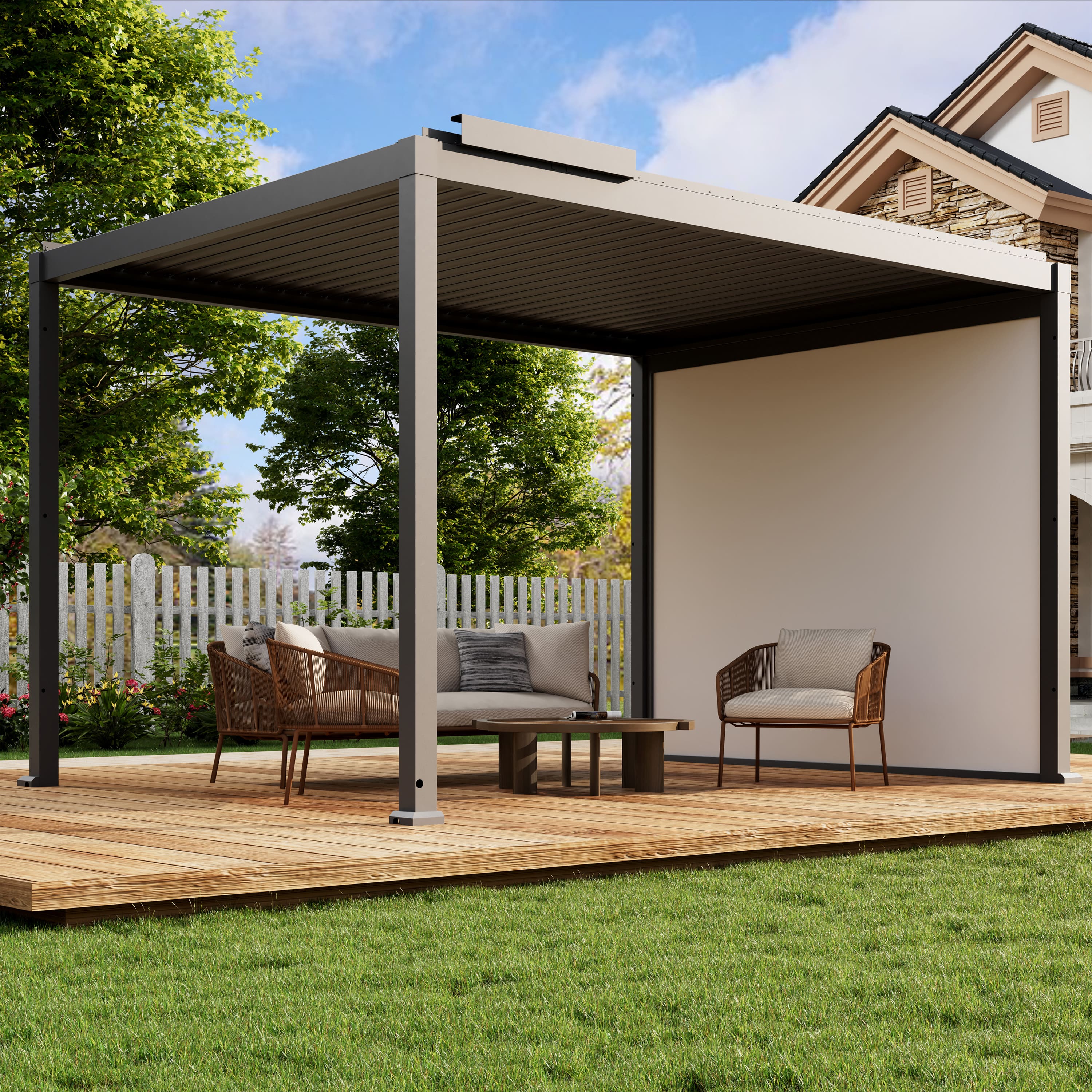 Mondawe - 10x13FT Electric Aluminum Louver Pergola with LED Lights and Motorized Outdoor Projector Screen - Gray