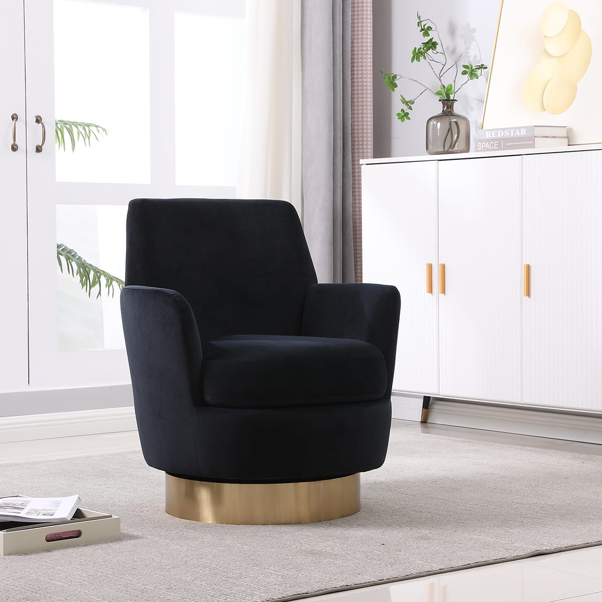Trinkets Crazed - Swivel Barrel Chair,Modern Comfy Velvet Upholstered Round Swivel Accent Chairst,360 Degree Single Sofa Chair Armchair - Black