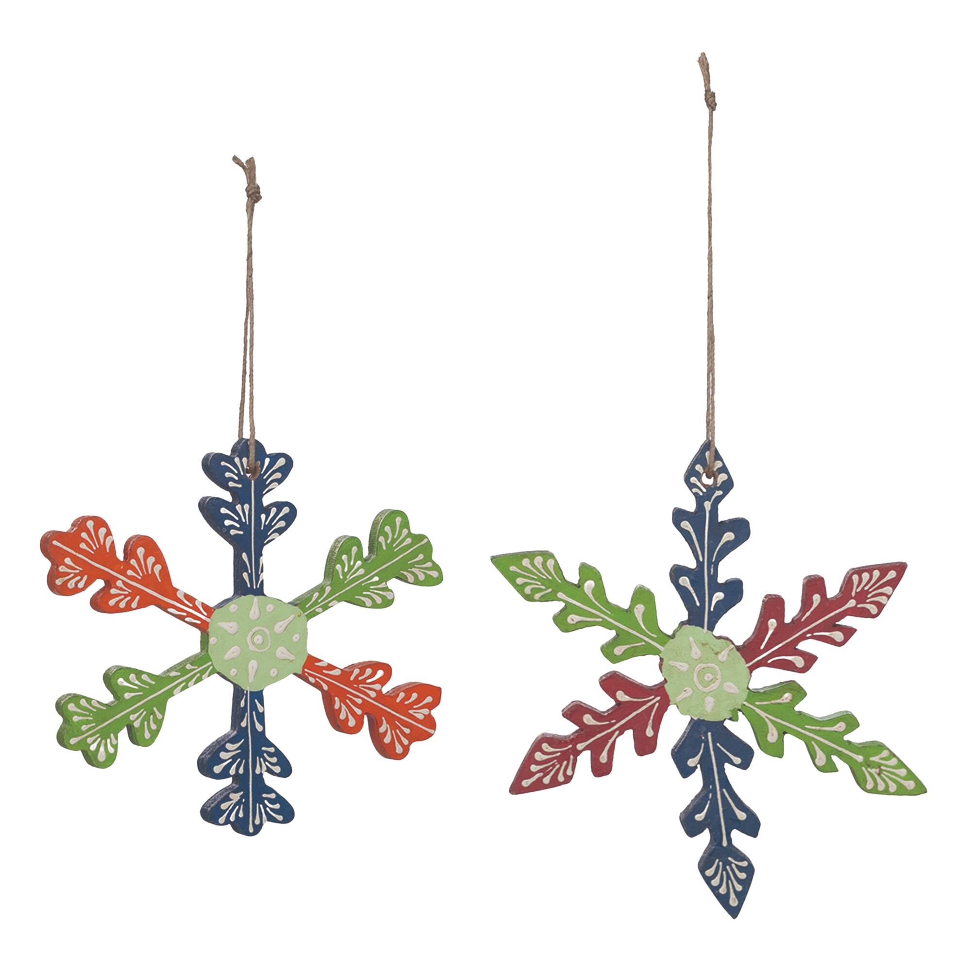 Angle. BreeBe - Wood Snowflake Ornament (Set of 6) - Green, Blue.