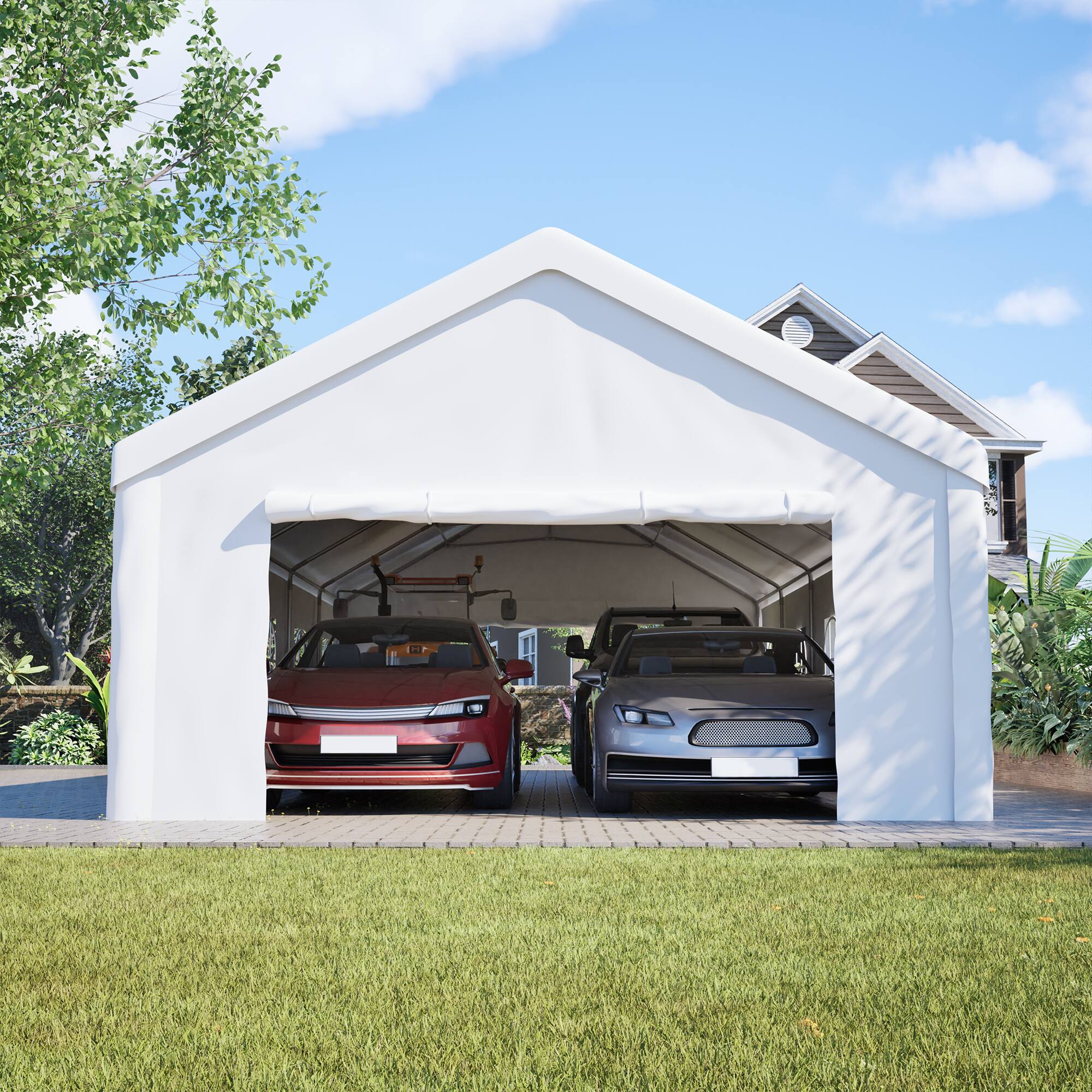 Left. Mondawe - 16x32 FT Carport Canopy, Portable Metal Carport Garage with Removable Waterproof Cover & Sidewalls - White.