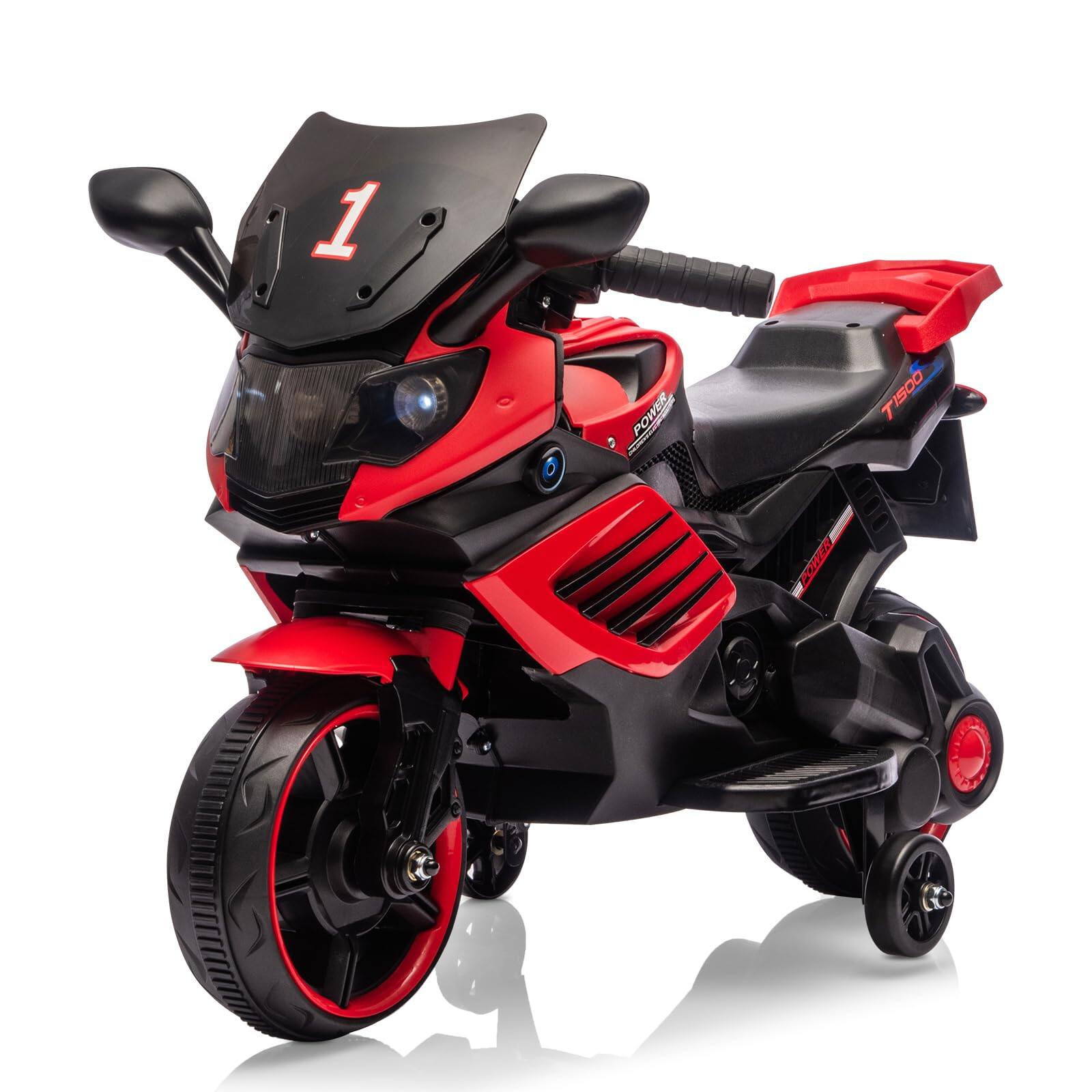 GARVEE - Kids Ride On Motorcycle with Training Wheels, Battery Powered Ride On Toy with Headlight, Horn, Music - Red