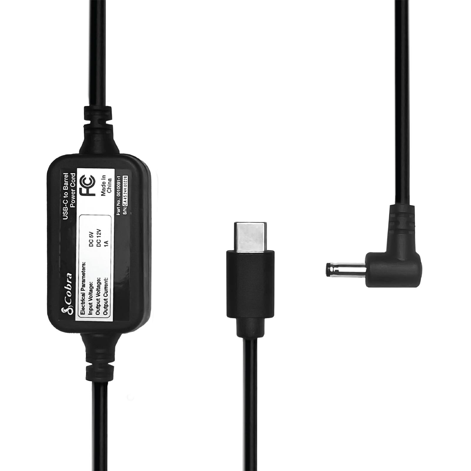 USB-C to Barrel Power Cord  
FC  
Made in China  

Electrical Parameters:  
Input Voltage: 9-12V DC  
Input Current: 1A  
Output Voltage: 12V DC  
Output Current: 1A  

Cobra Paramotors  
Model: 0010091-1  
No Fan