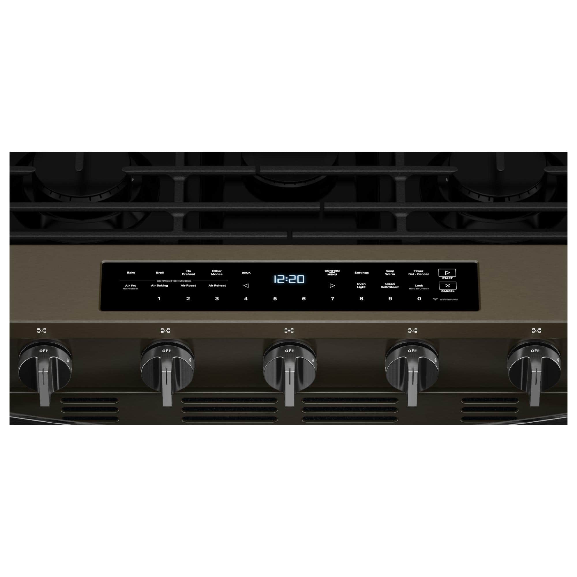 The time displayed on the stove is 12:20.