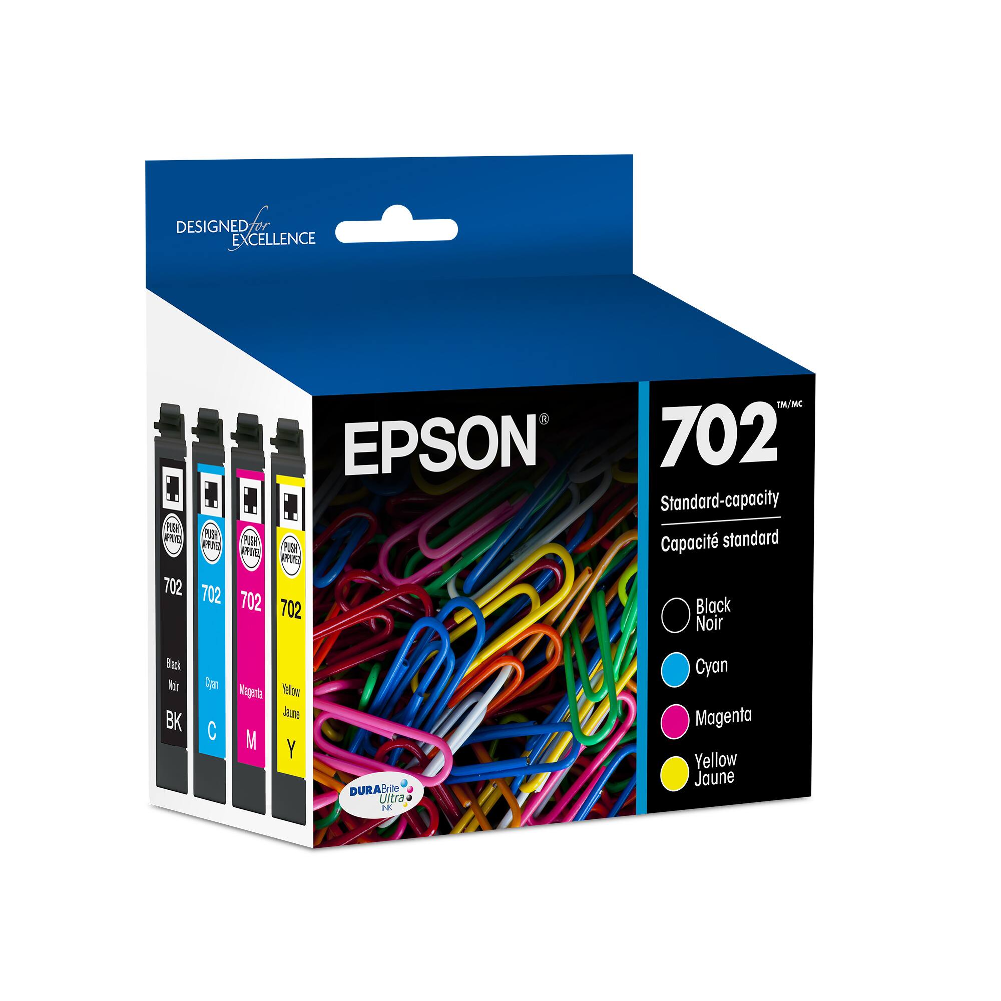 Designed for Excellence EPSON 702 Standard-capacity Cartridges: Black (BK), Cyan (C), Magenta (M), Yellow (Y).