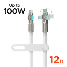 iBasics - 100W USB-C to USB-C Cable 12ft – Fast Charge Swivel Cord - White