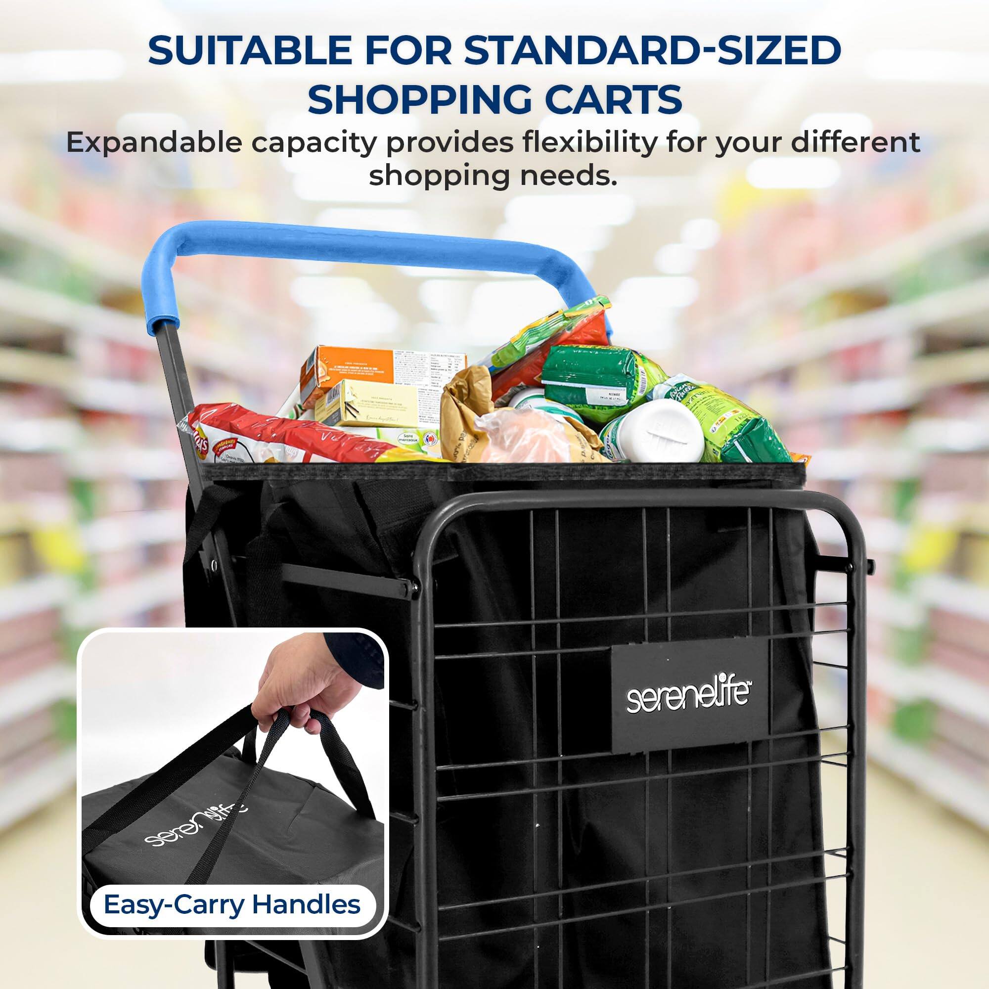 SUITABLE FOR STANDARD-SIZED SHOPPING CARTS  
Expandable capacity provides flexibility for your different shopping needs.  

Easy-Carry Handles